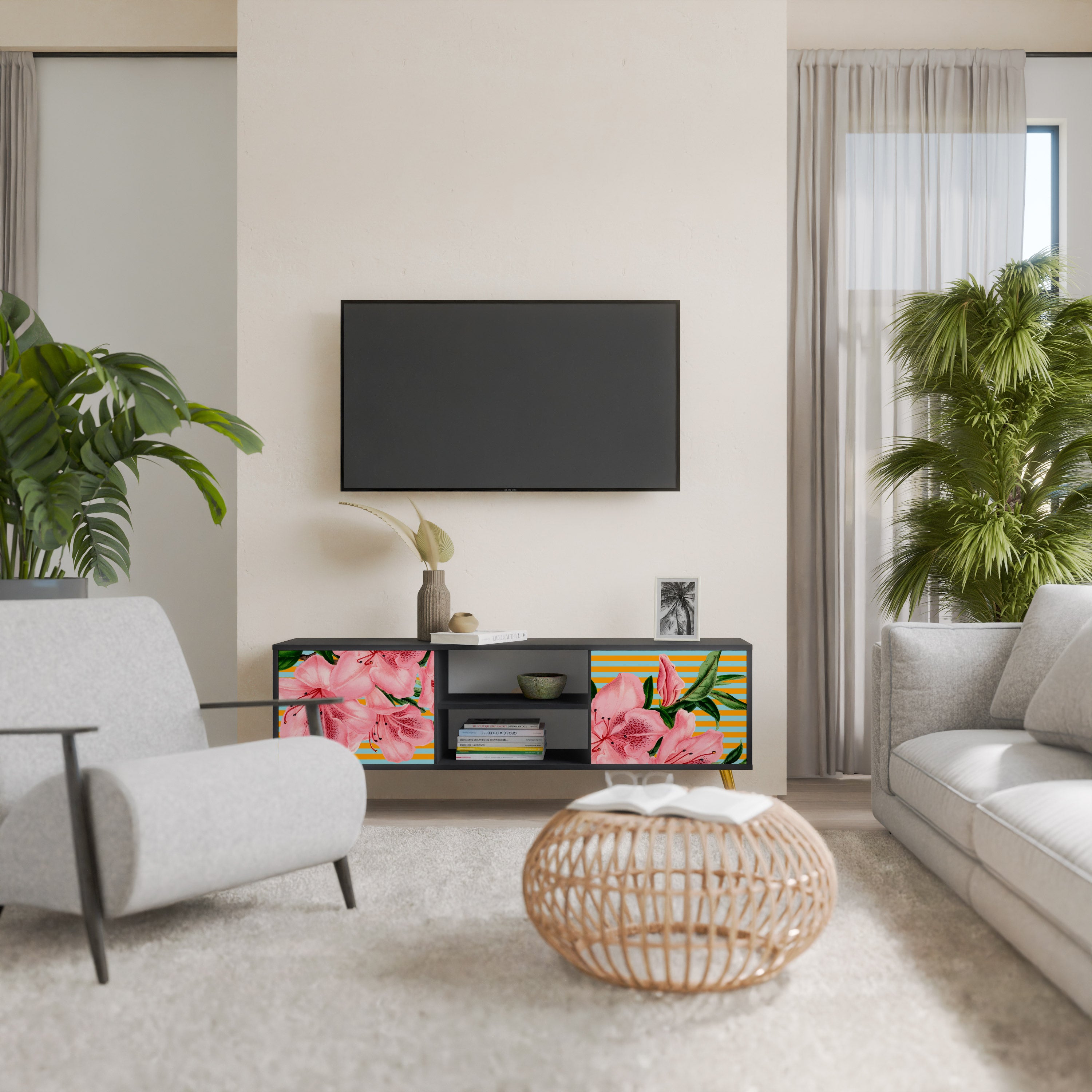 Mueble de TV de 2 puertas FRAGILE BEAUTY con acabado negro