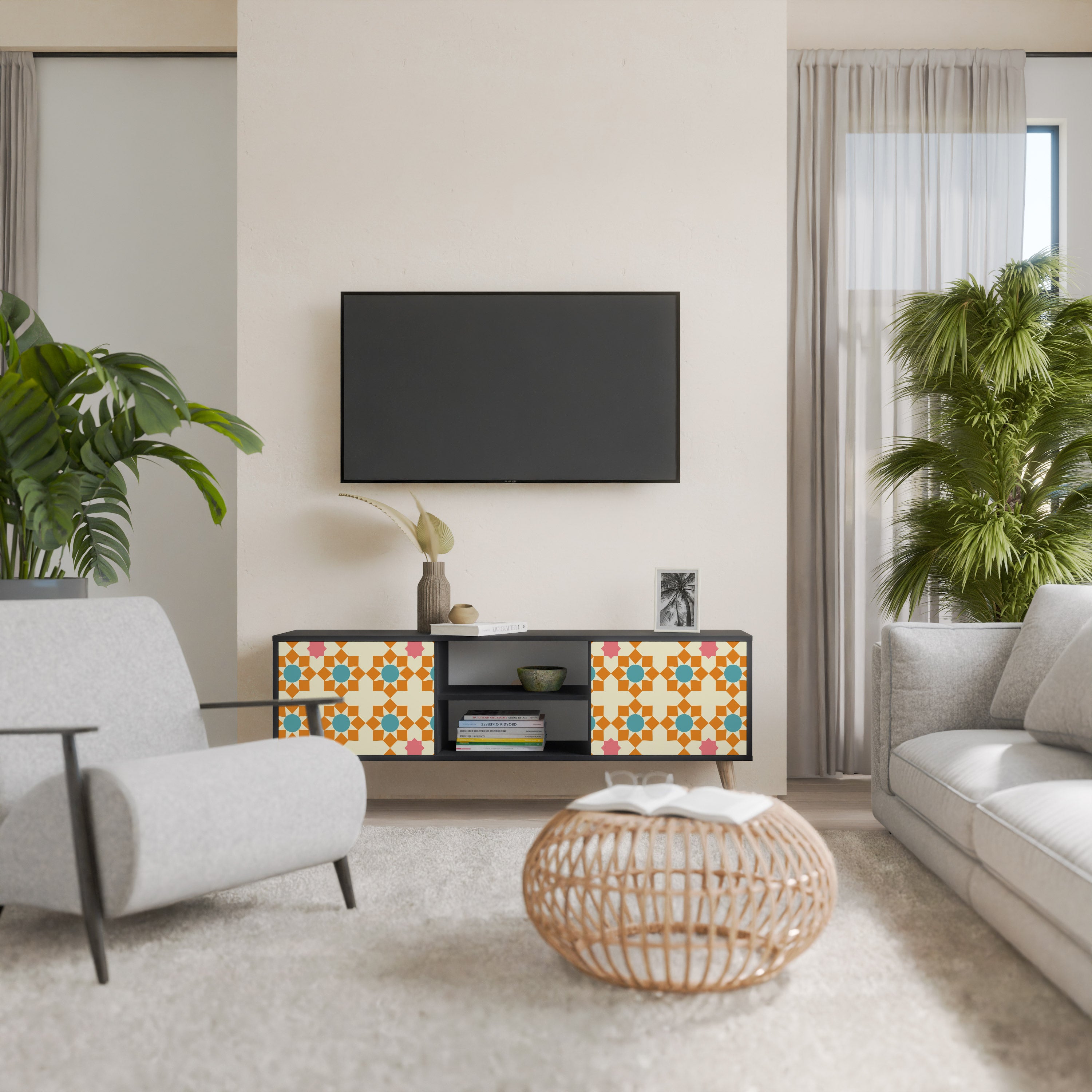 Mueble de TV de 2 puertas FLORAL DECOR en acabado negro