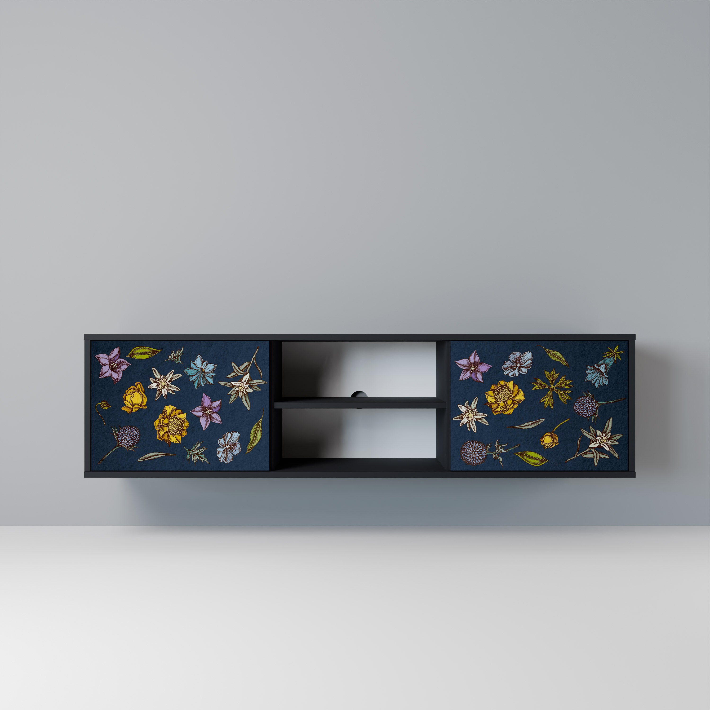 Mueble de TV de 2 puertas con diseño de flores en azul marino y acabado negro