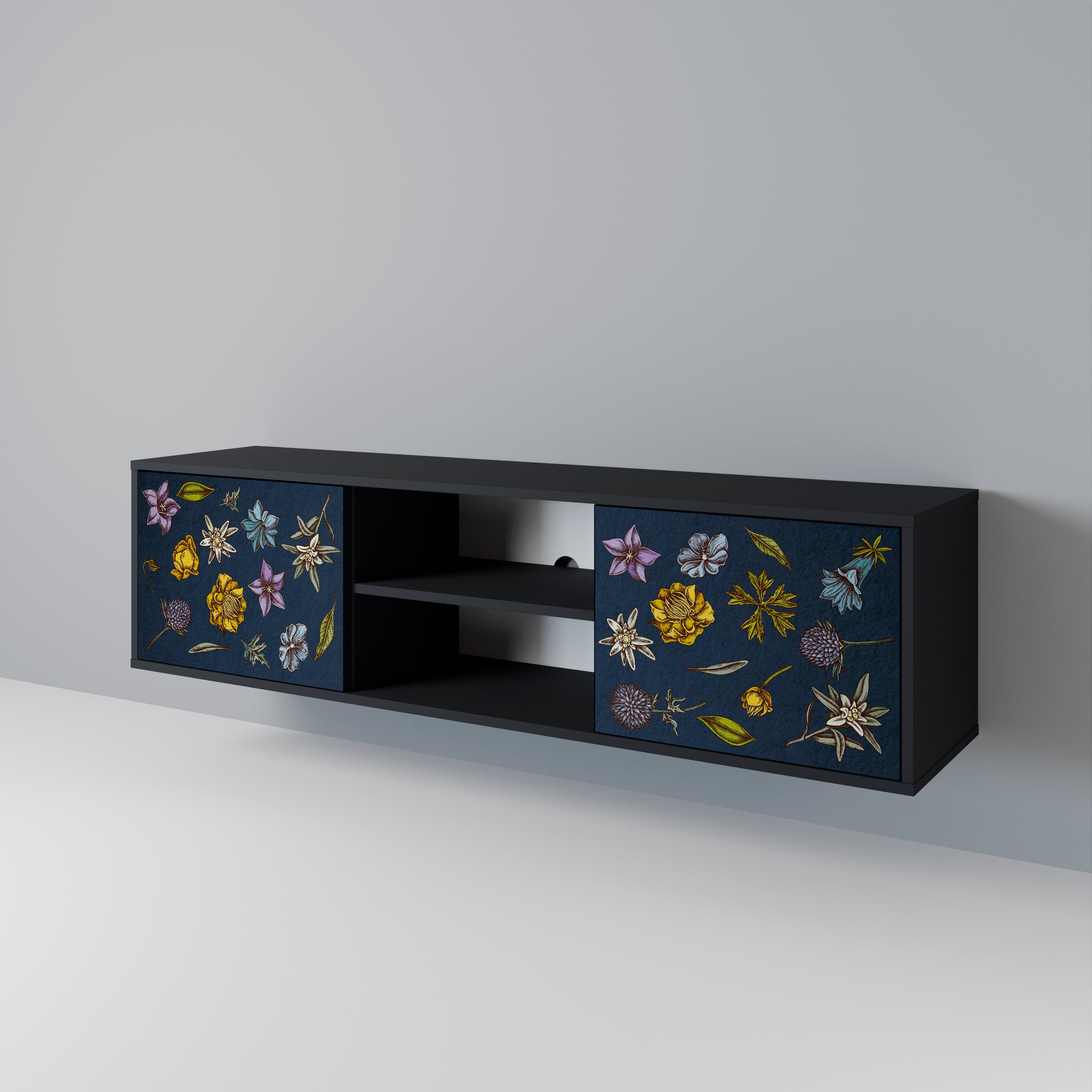 Mueble de TV de 2 puertas con diseño de flores en azul marino y acabado negro