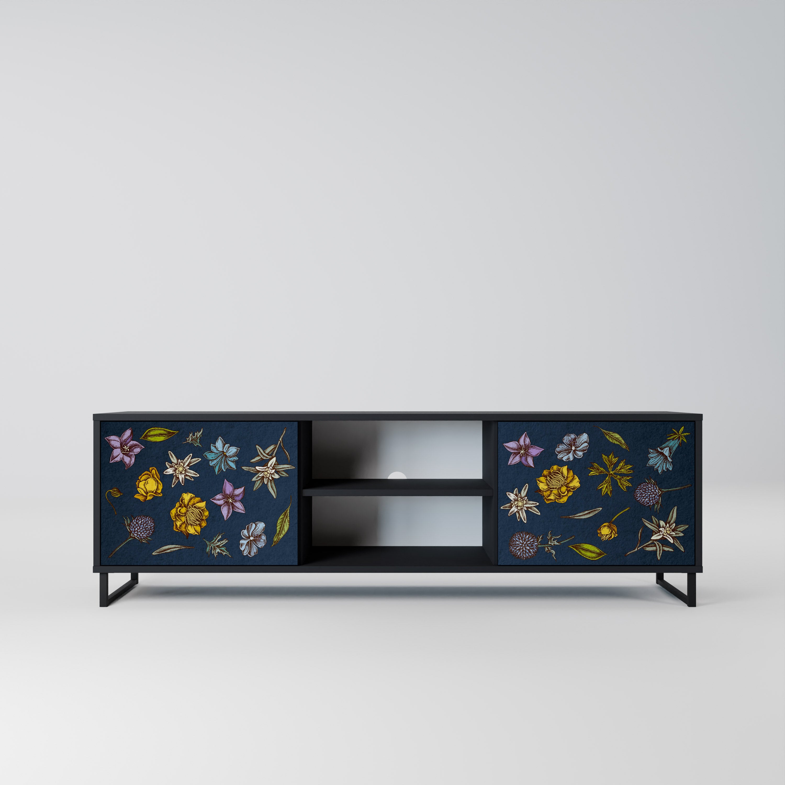 Mueble de TV de 2 puertas con diseño de flores en azul marino y acabado negro