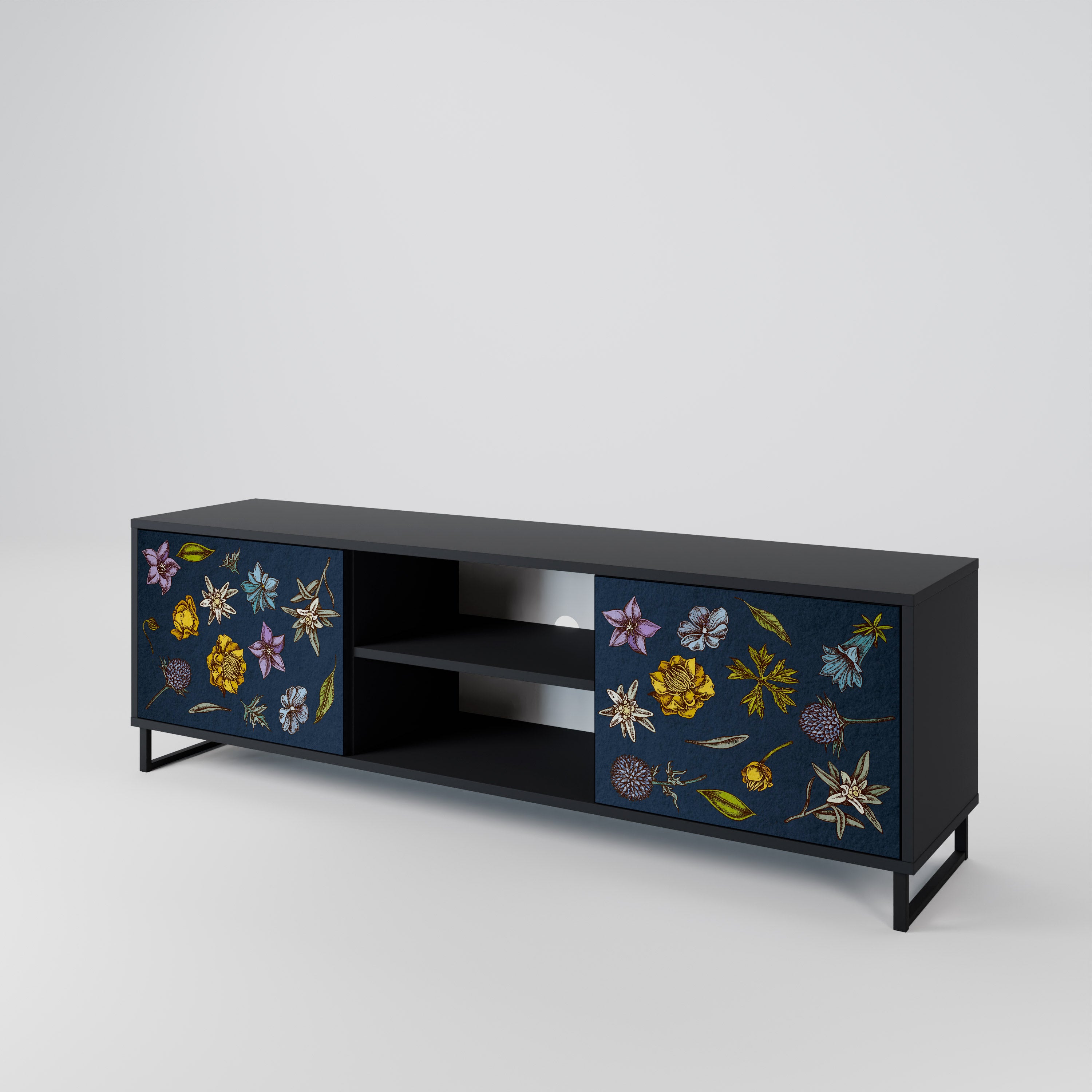 Mueble de TV de 2 puertas con diseño de flores en azul marino y acabado negro
