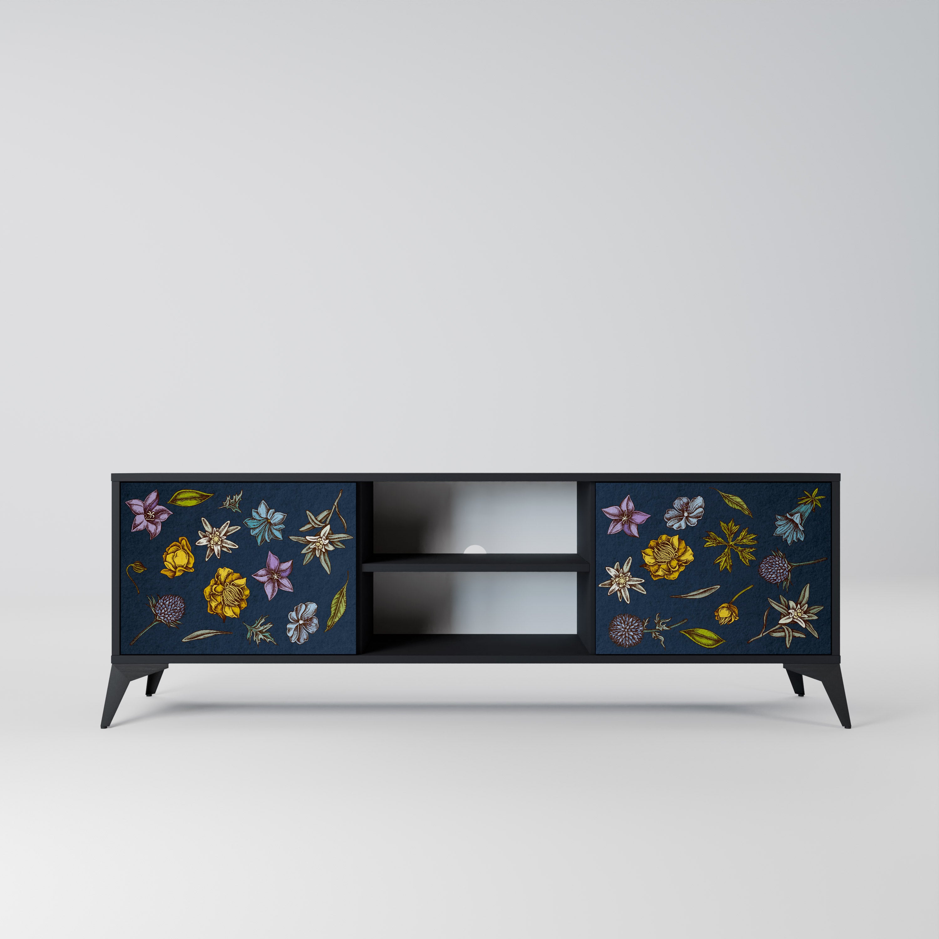 Mueble de TV de 2 puertas con diseño de flores en azul marino y acabado negro