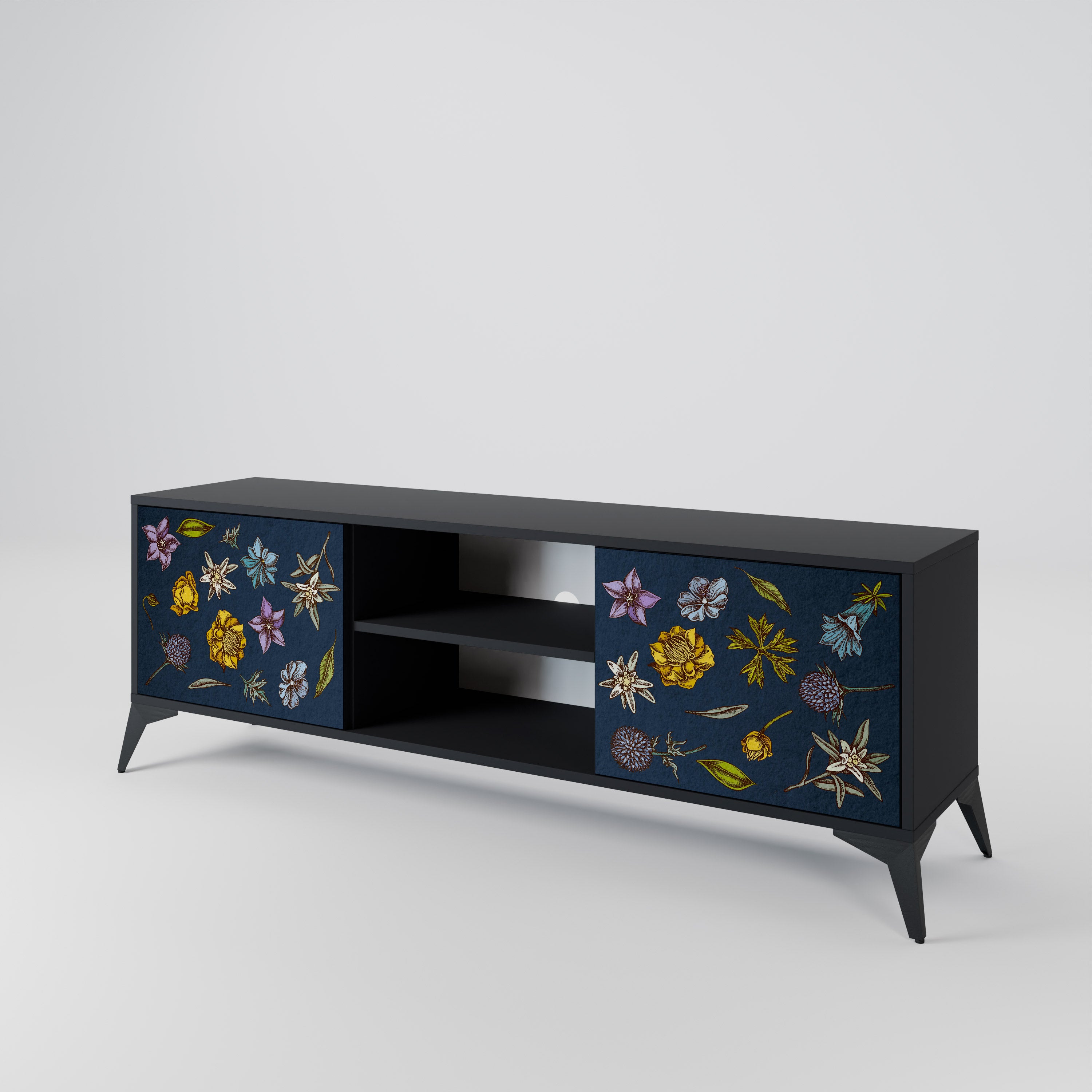 Mueble de TV de 2 puertas con diseño de flores en azul marino y acabado negro