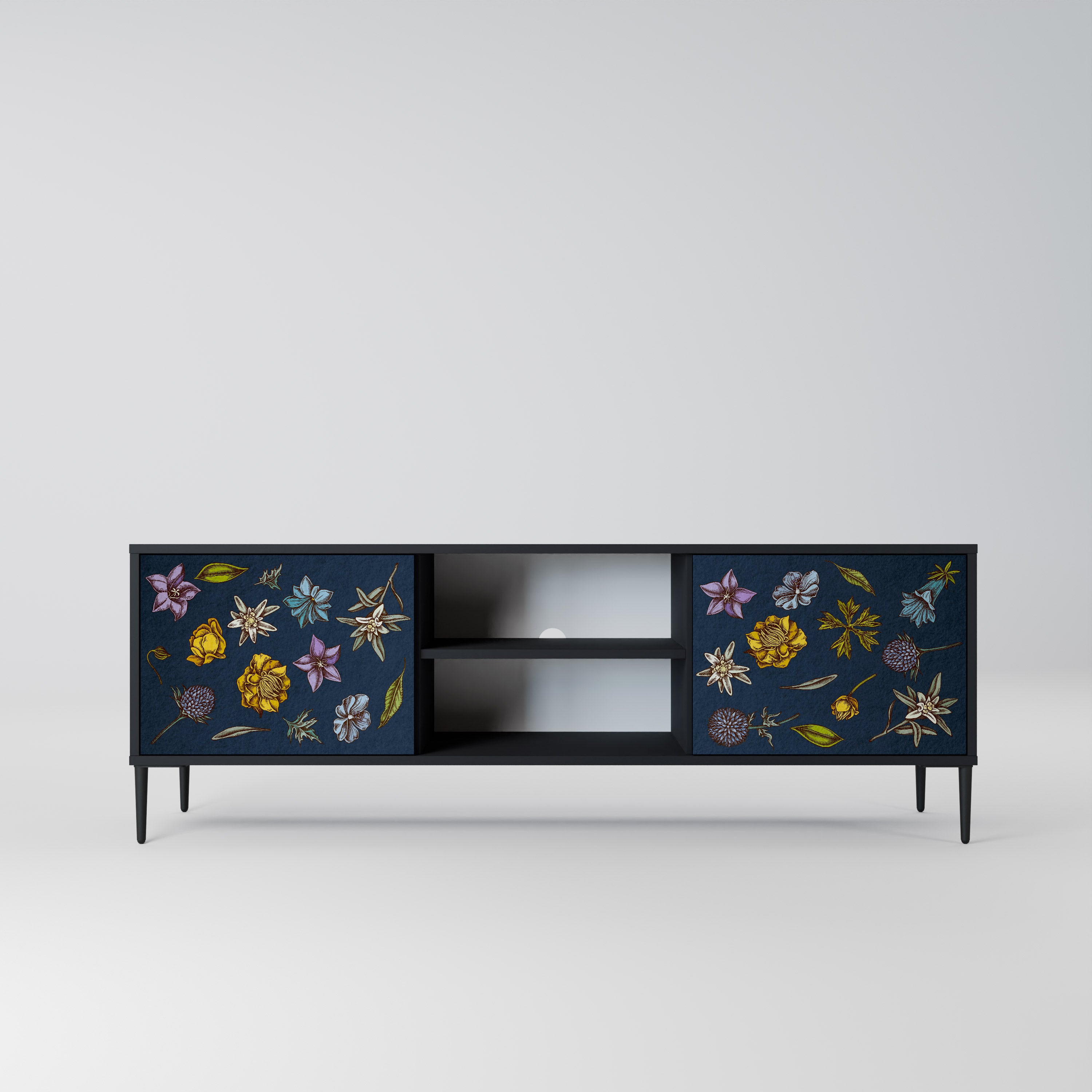 Mueble de TV de 2 puertas con diseño de flores en azul marino y acabado negro