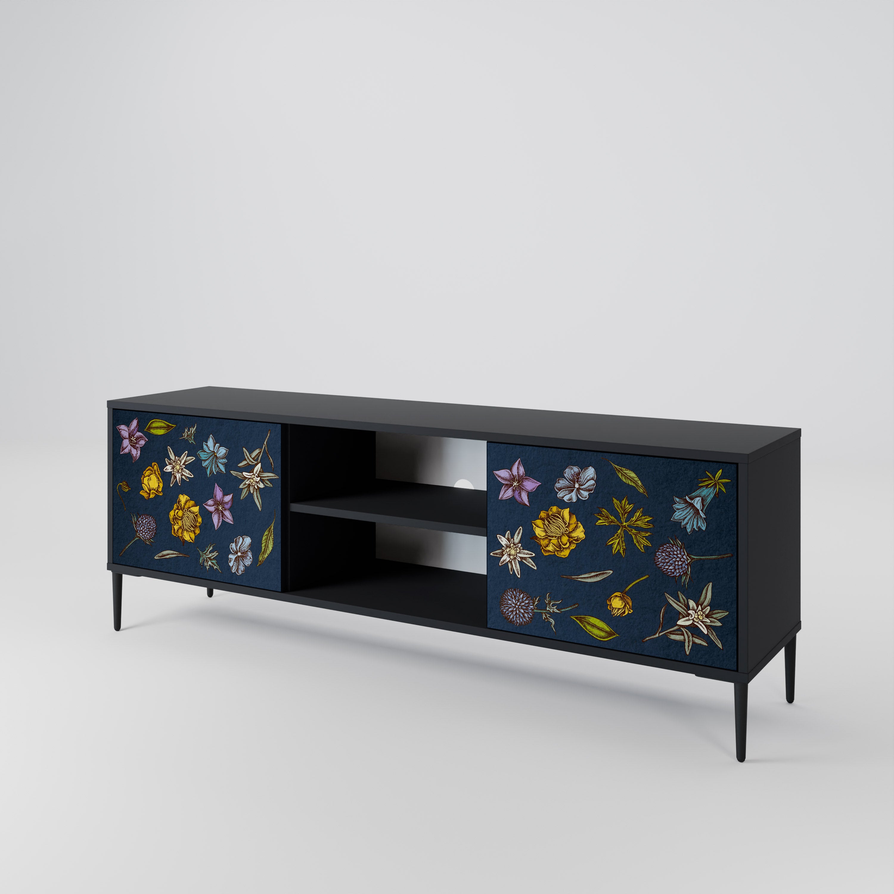 Mueble de TV de 2 puertas con diseño de flores en azul marino y acabado negro