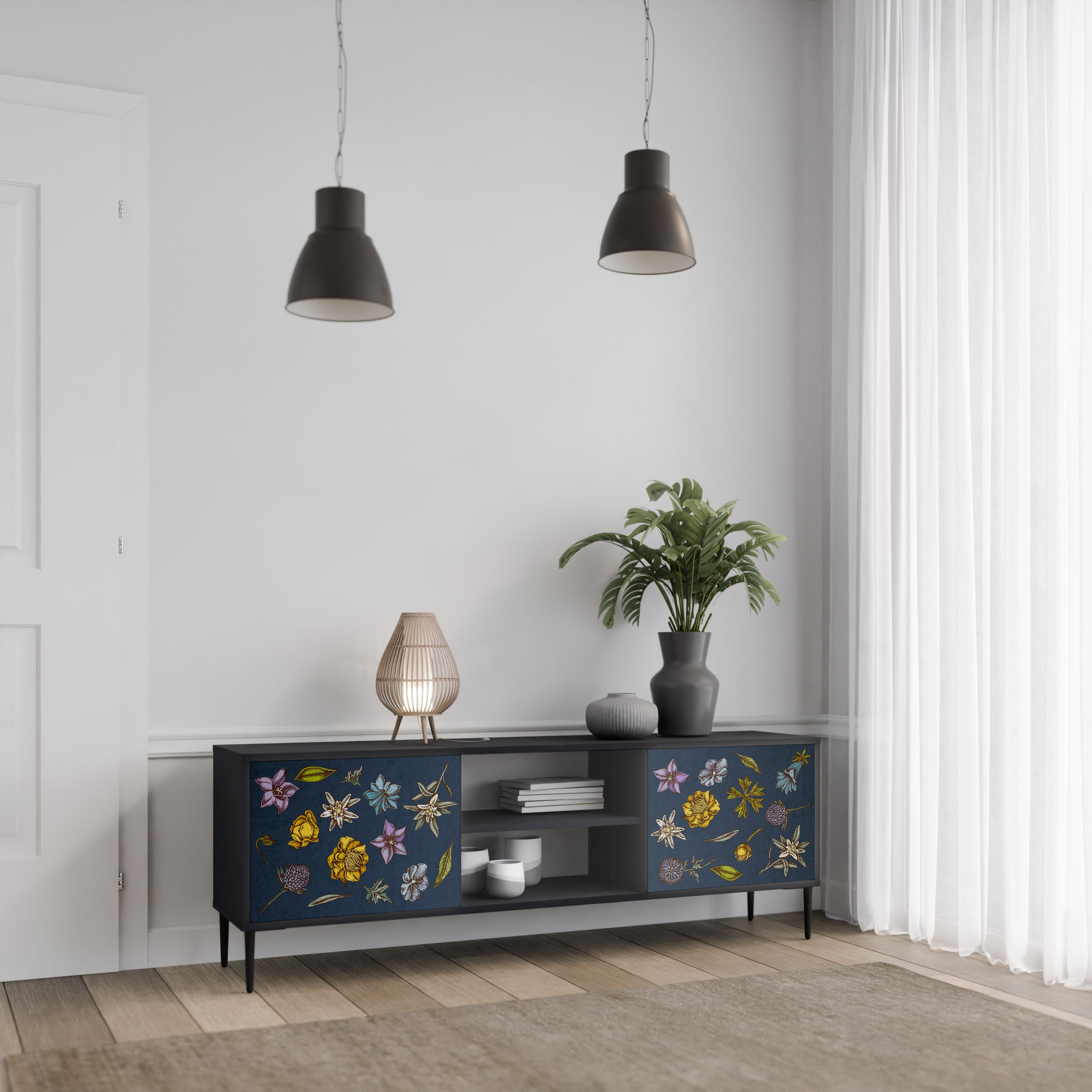 Mueble de TV de 2 puertas con diseño de flores en azul marino y acabado negro