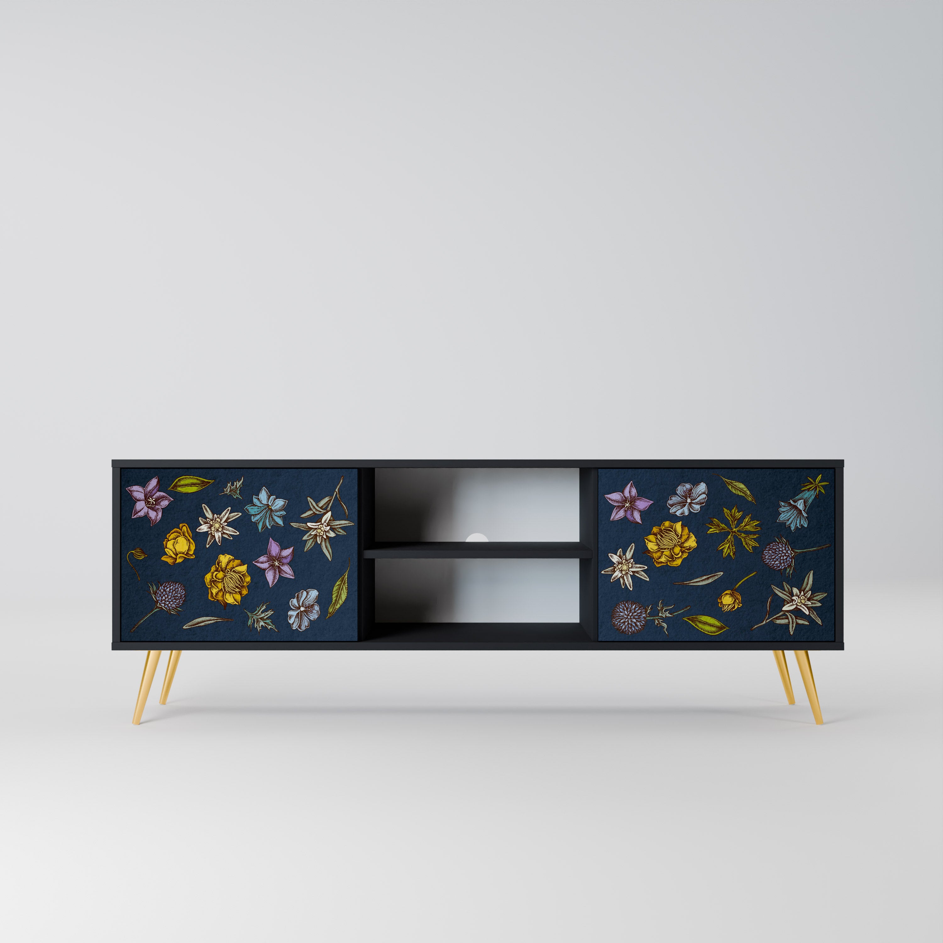 Mueble de TV de 2 puertas con diseño de flores en azul marino y acabado negro
