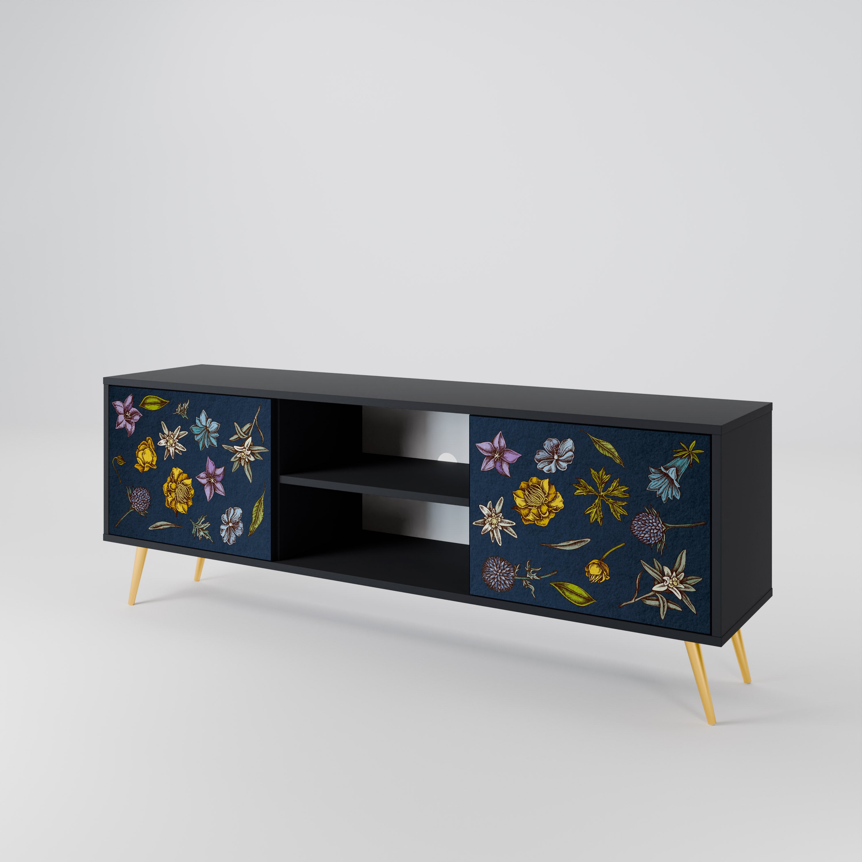 Mueble de TV de 2 puertas con diseño de flores en azul marino y acabado negro