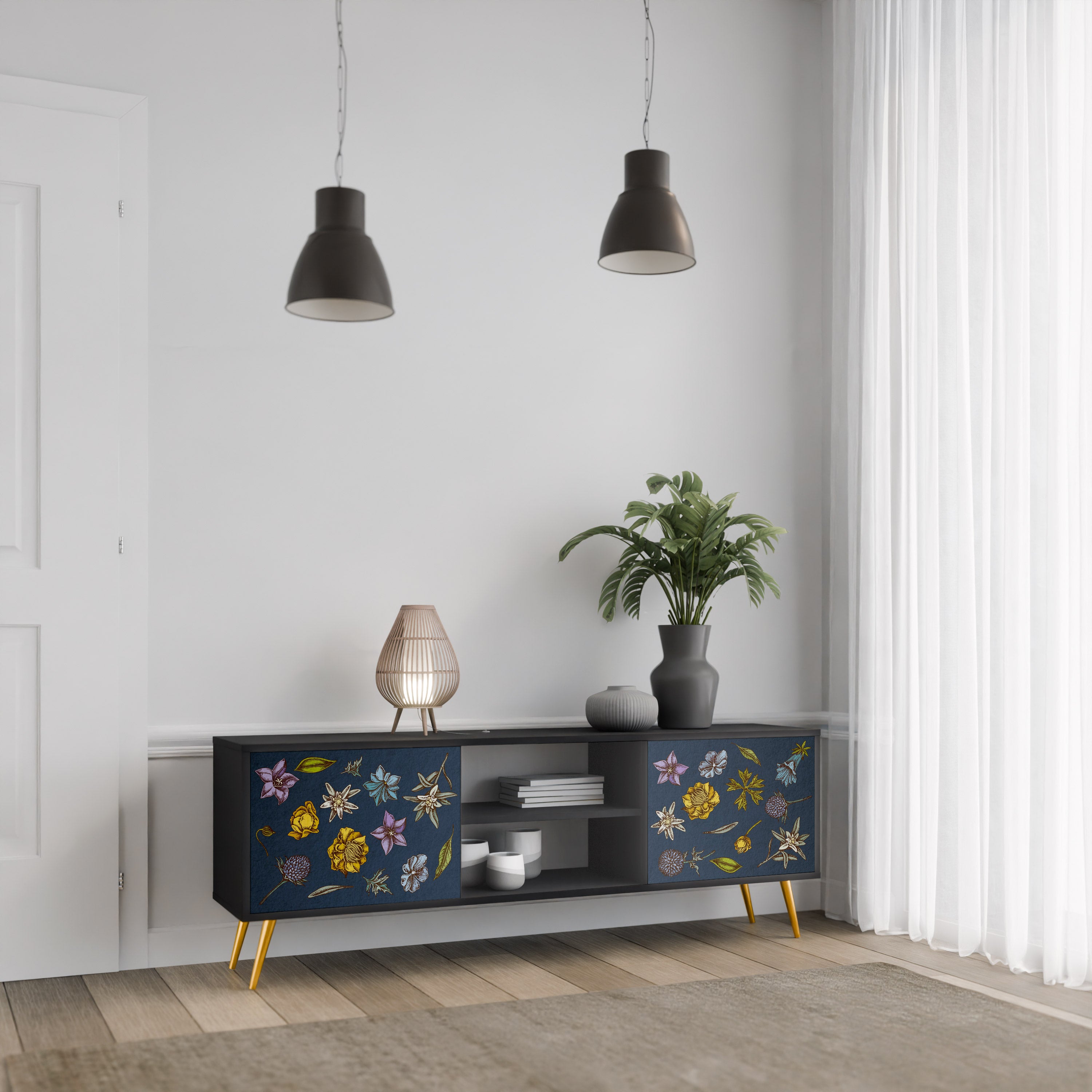 Mueble de TV de 2 puertas con diseño de flores en azul marino y acabado negro