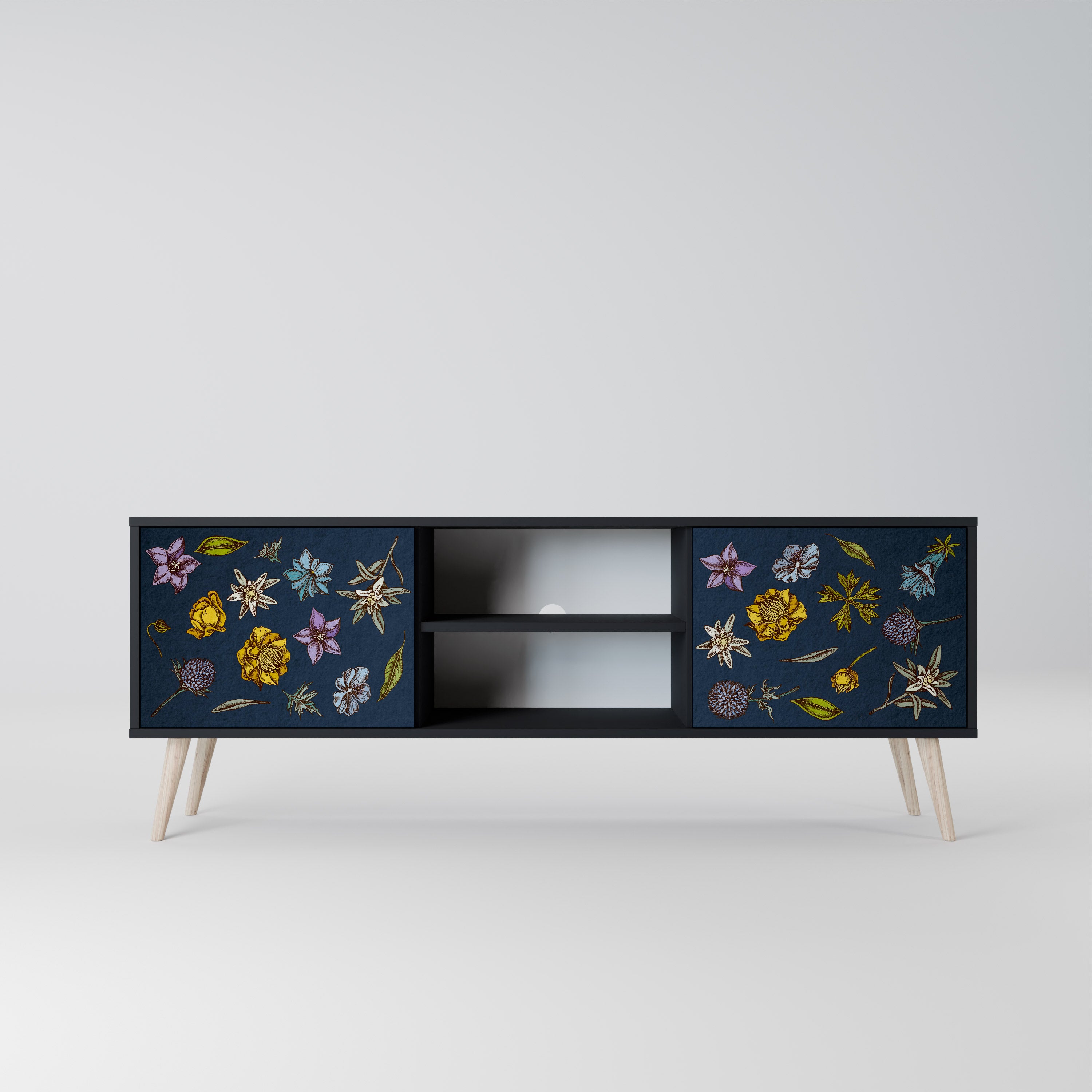 Mueble de TV de 2 puertas con diseño de flores en azul marino y acabado negro