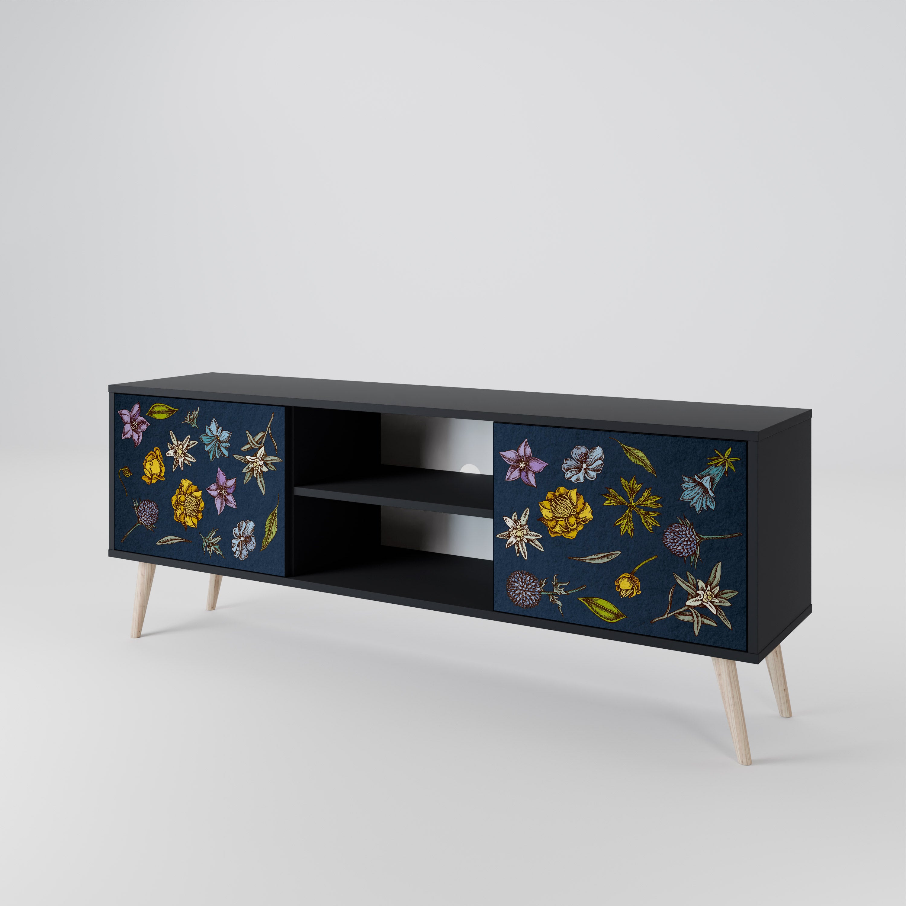 Mueble de TV de 2 puertas con diseño de flores en azul marino y acabado negro