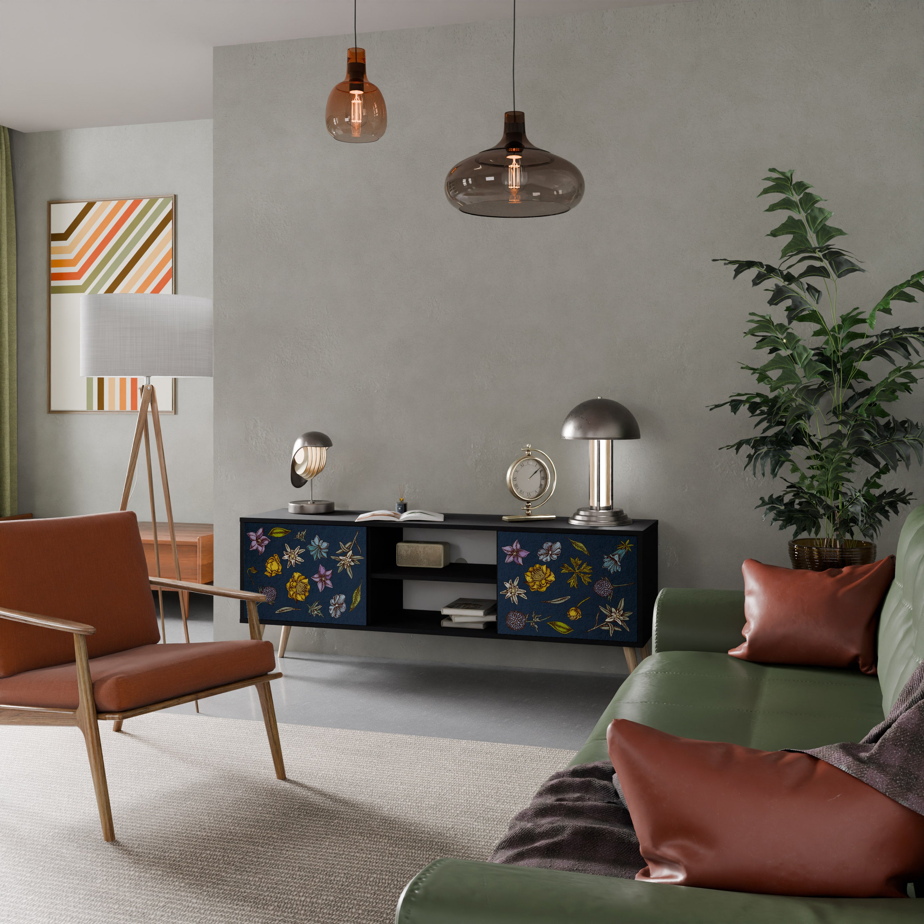 Mueble de TV de 2 puertas con diseño de flores en azul marino y acabado negro