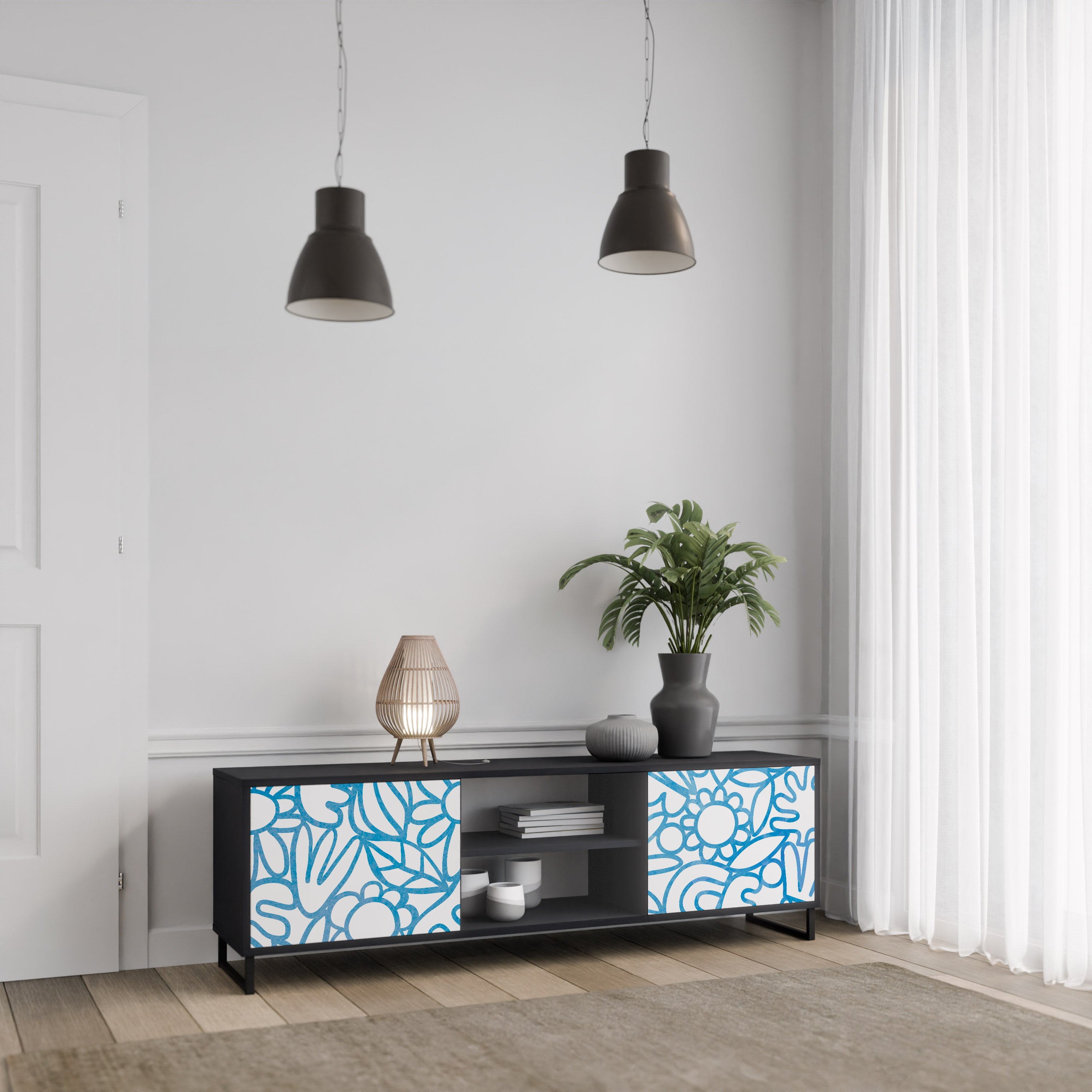 Mueble de TV de 2 puertas BLOOMY MORNING con acabado negro