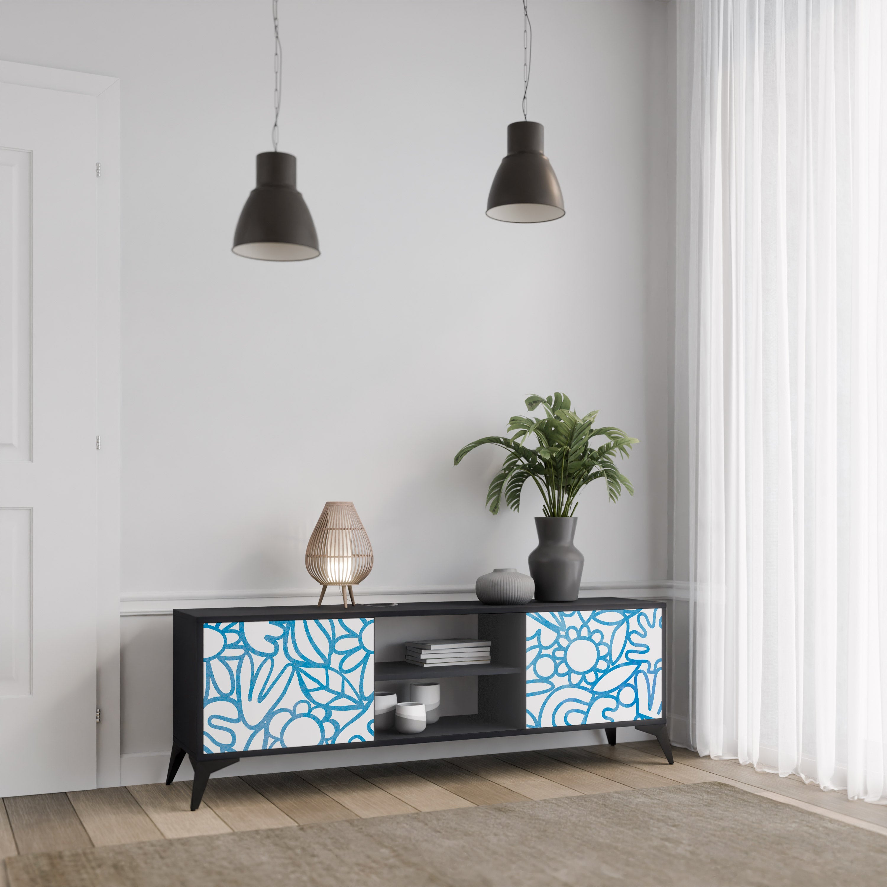 Mueble de TV de 2 puertas BLOOMY MORNING con acabado negro