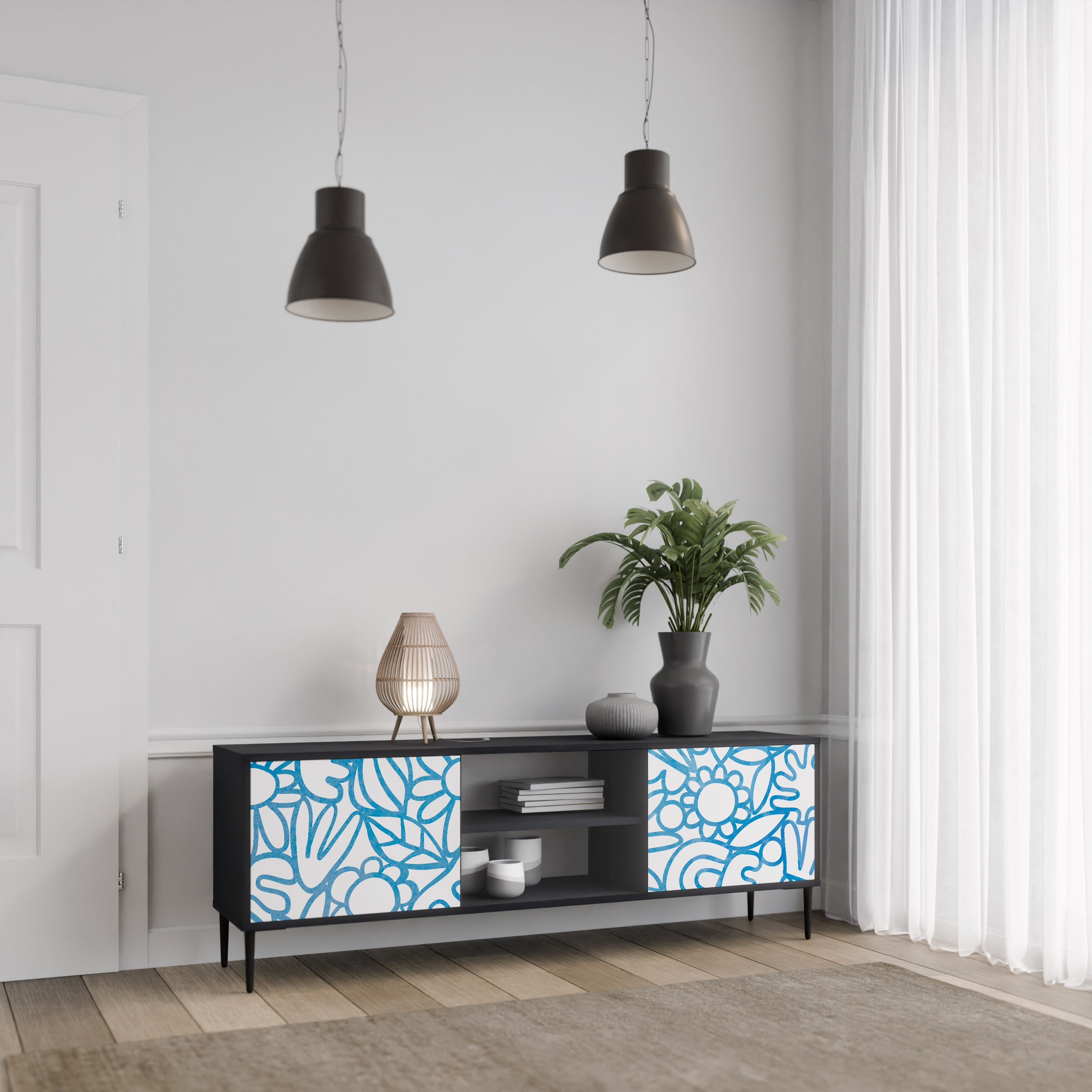 Mueble de TV de 2 puertas BLOOMY MORNING con acabado negro