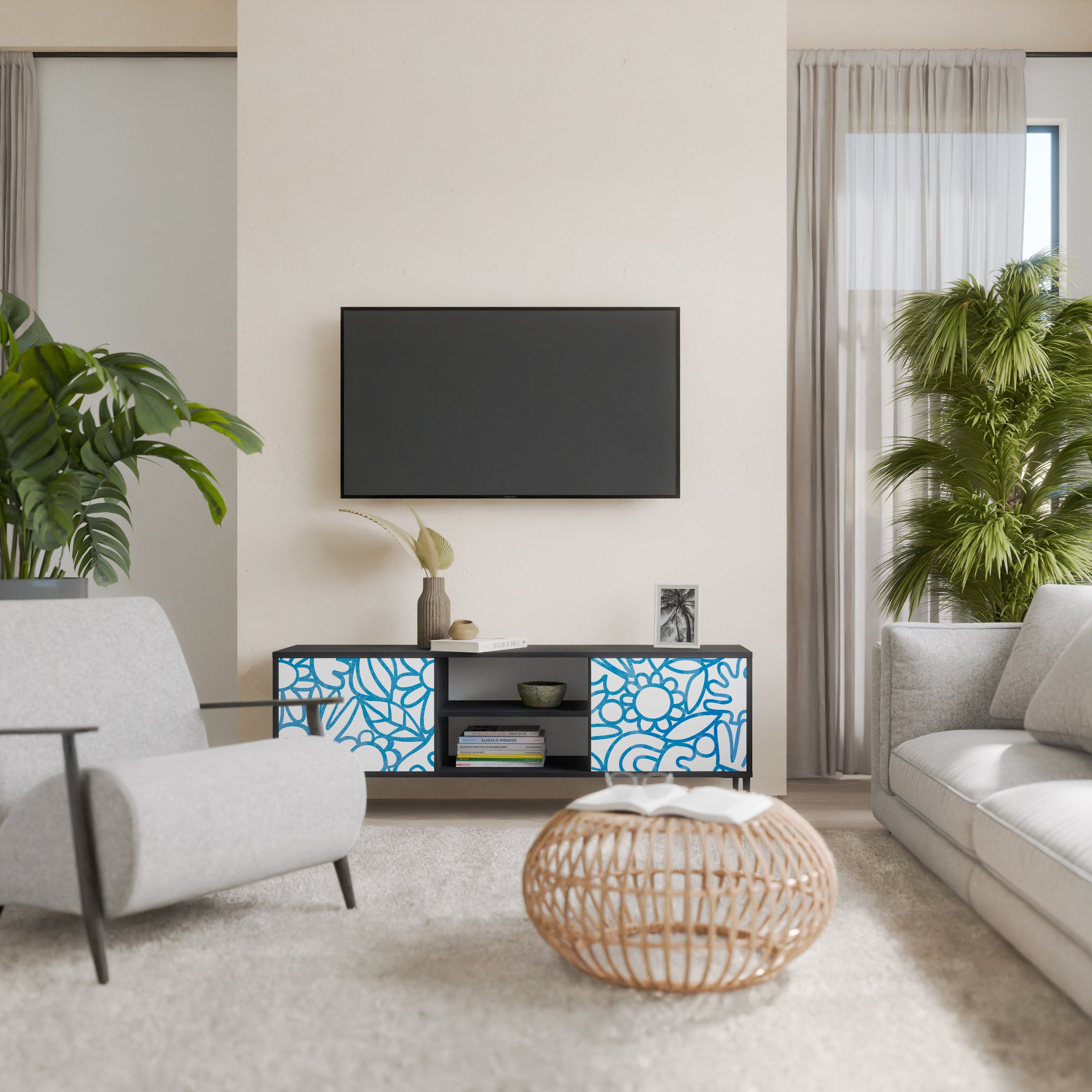 Mueble de TV de 2 puertas BLOOMY MORNING con acabado negro