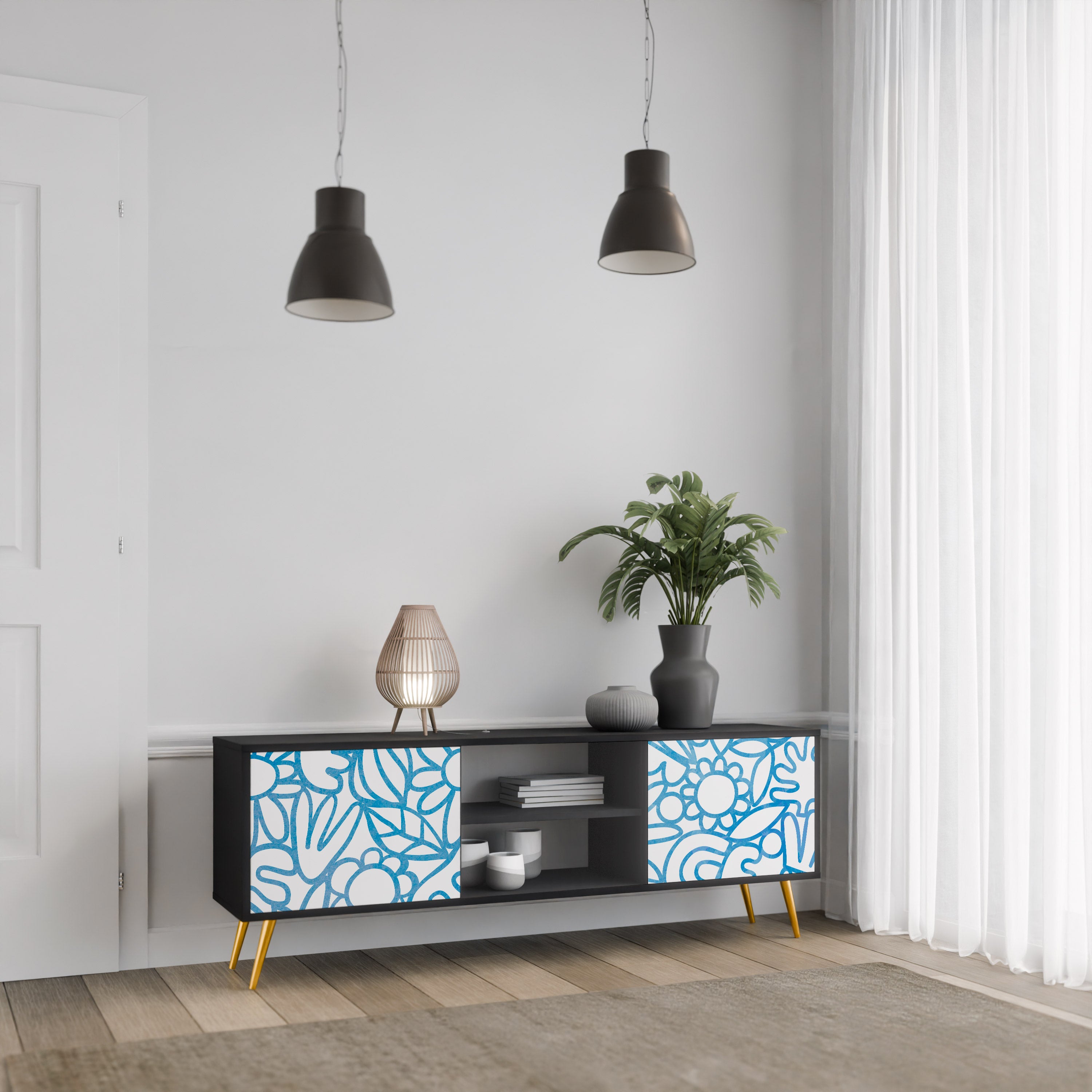 Mueble de TV de 2 puertas BLOOMY MORNING con acabado negro