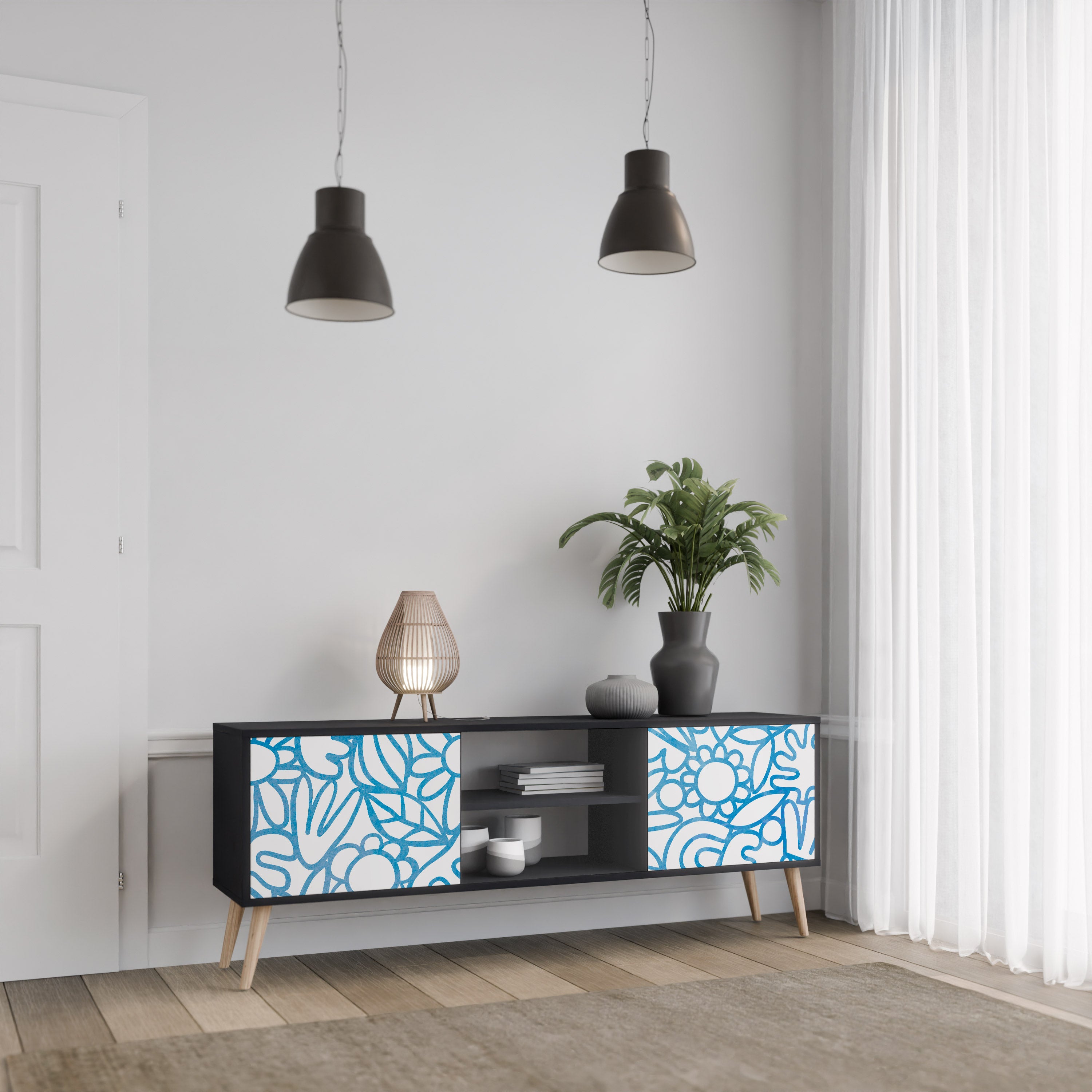 Mueble de TV de 2 puertas BLOOMY MORNING con acabado negro