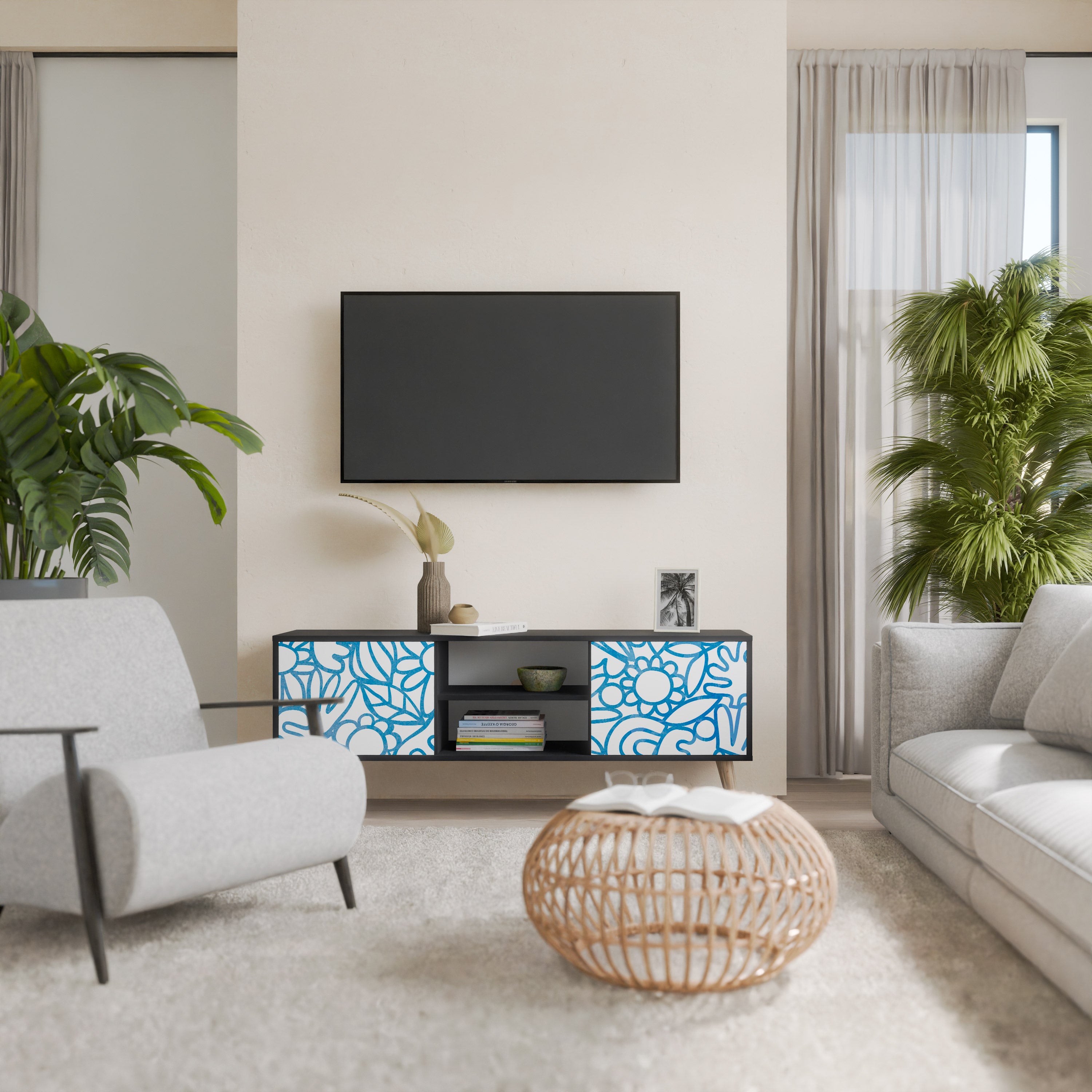 Mueble de TV de 2 puertas BLOOMY MORNING con acabado negro