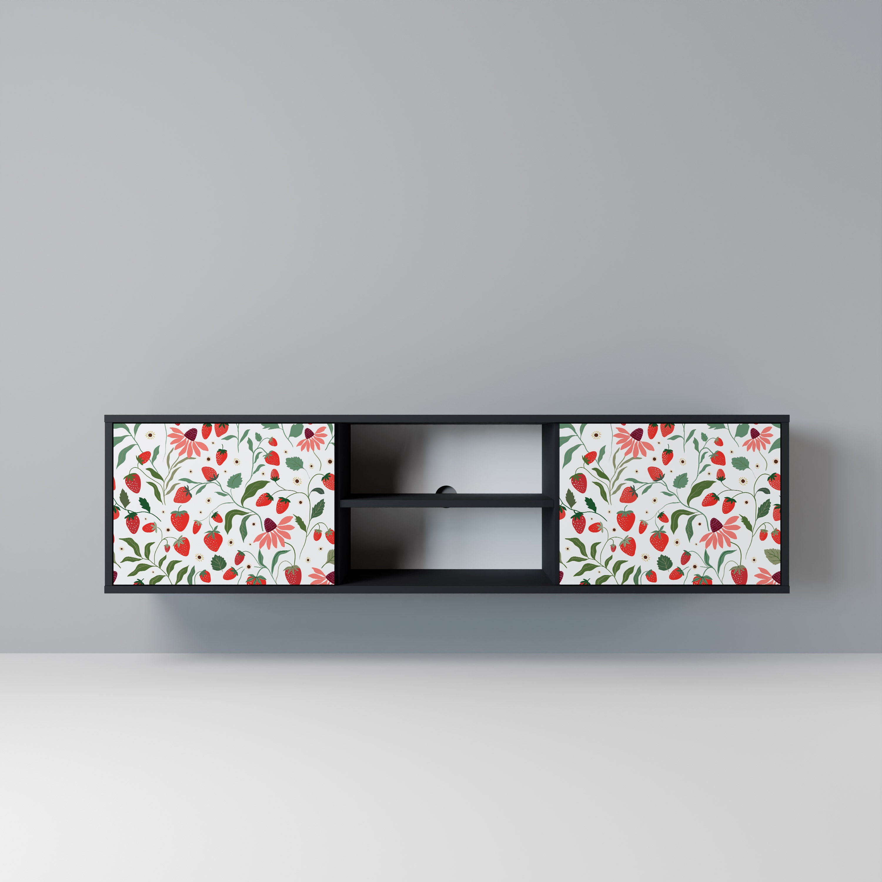 Mueble de TV de 2 puertas con acabado negro FLORES Y FRESAS