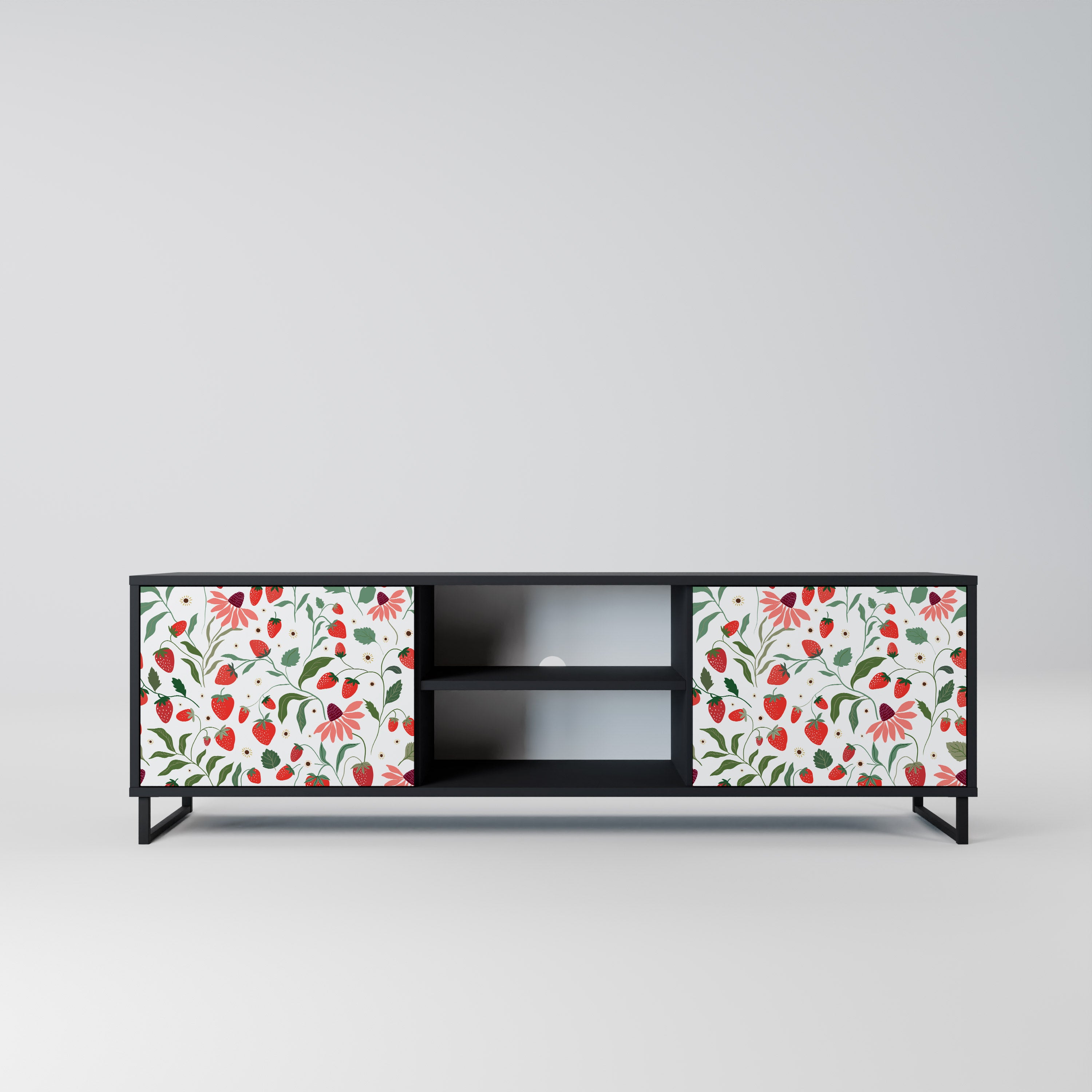 Mueble de TV de 2 puertas con acabado negro FLORES Y FRESAS