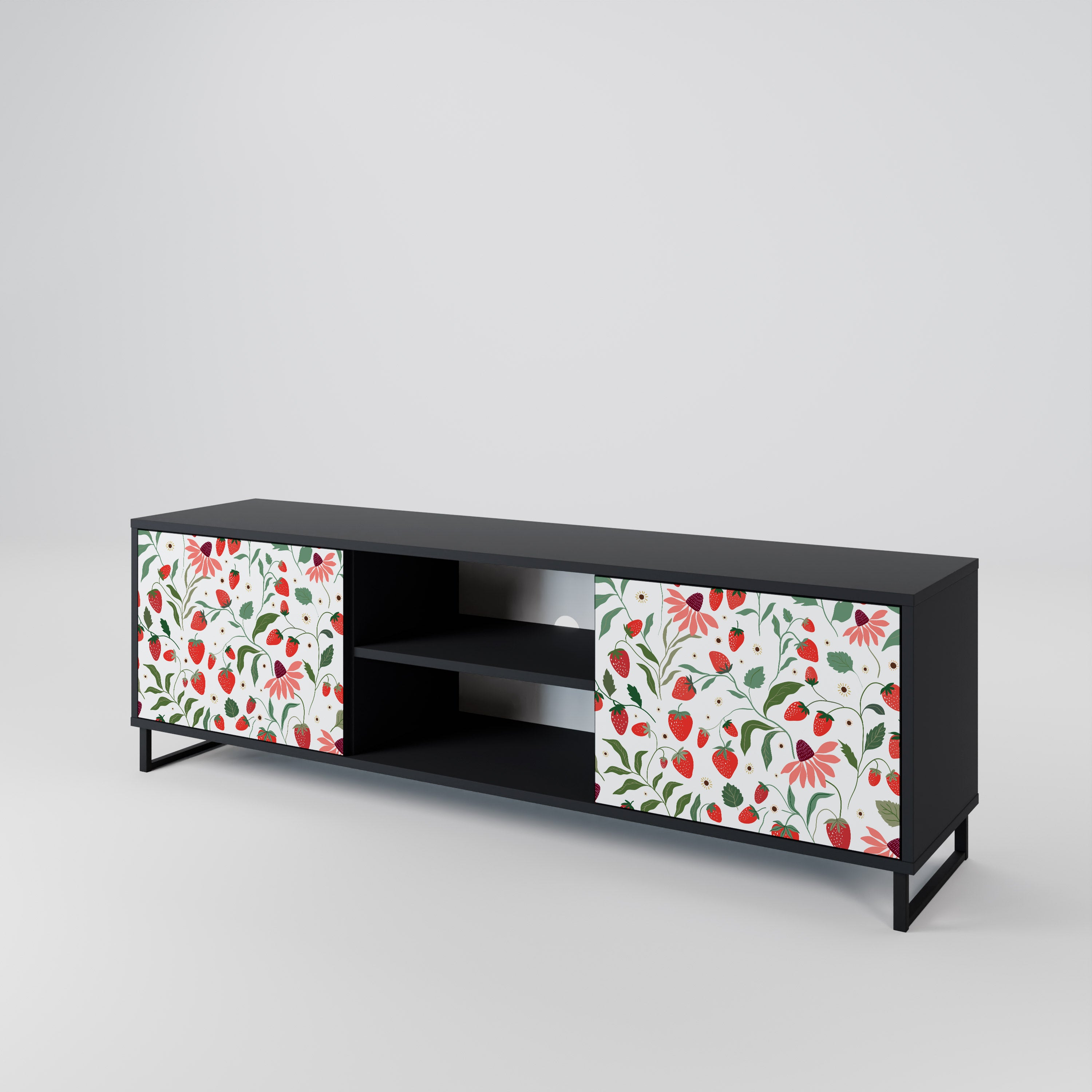 Mueble de TV de 2 puertas con acabado negro FLORES Y FRESAS