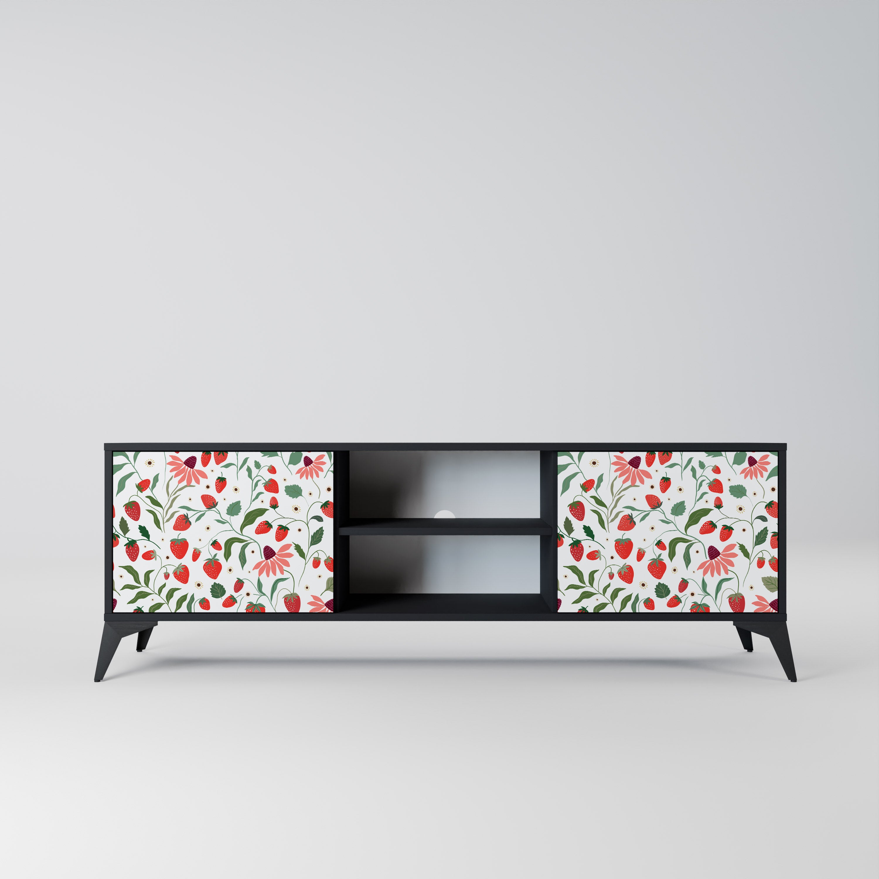 Mueble de TV de 2 puertas con acabado negro FLORES Y FRESAS