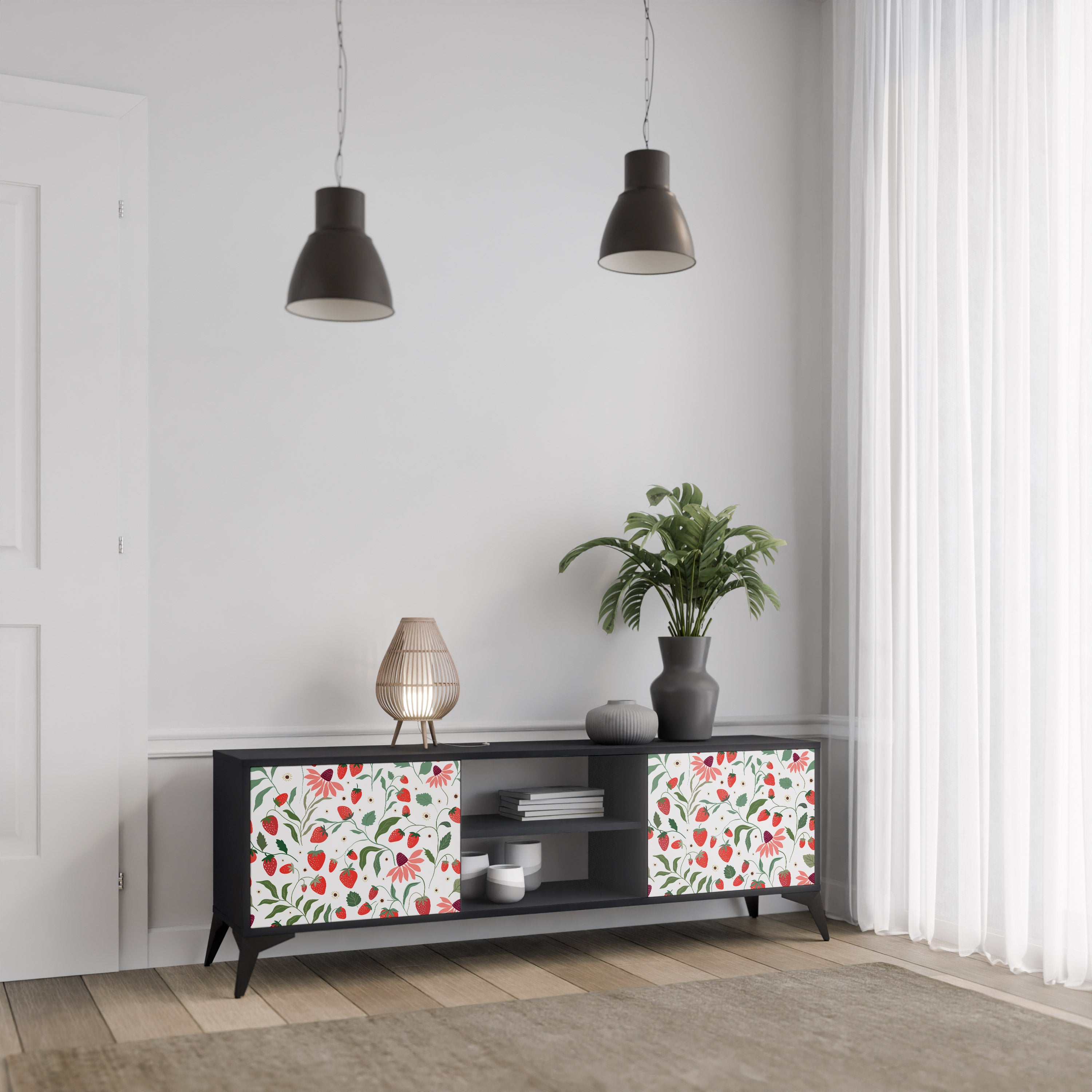 Mueble de TV de 2 puertas con acabado negro FLORES Y FRESAS
