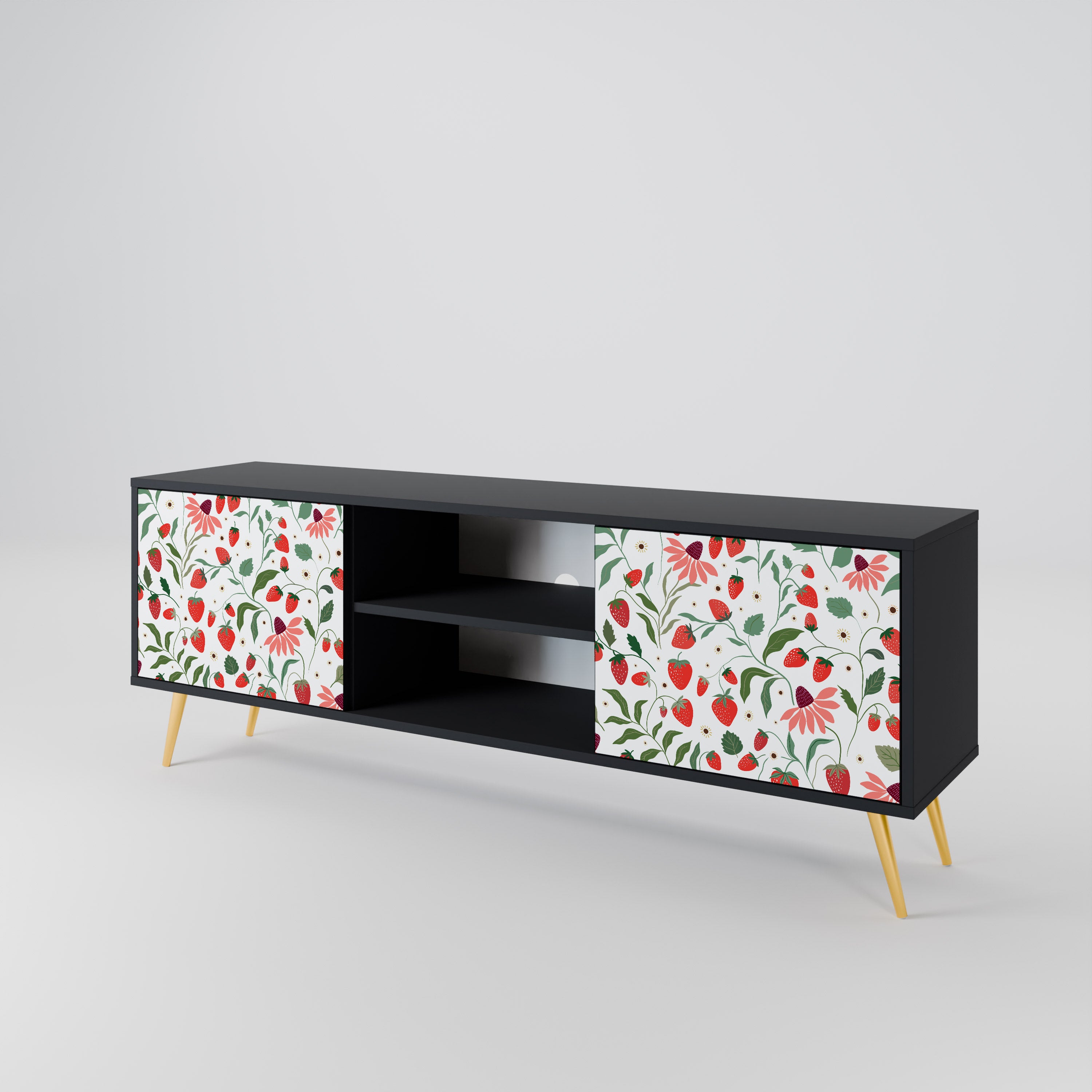 Mueble de TV de 2 puertas con acabado negro FLORES Y FRESAS