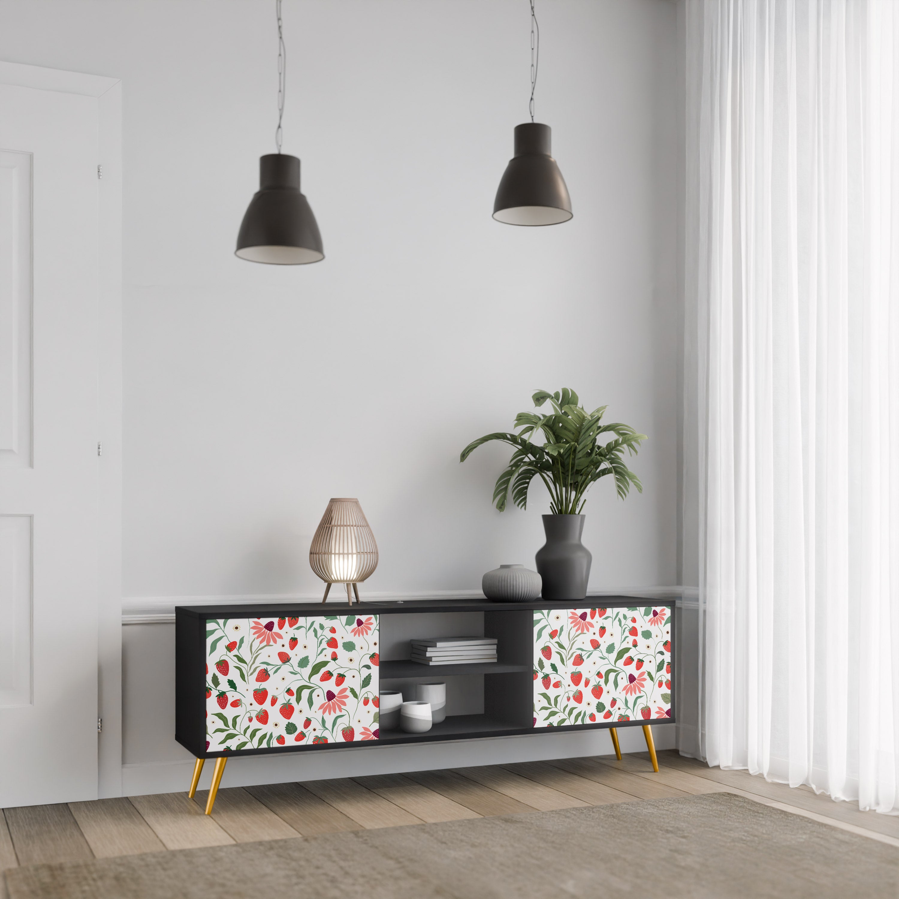Mueble de TV de 2 puertas con acabado negro FLORES Y FRESAS