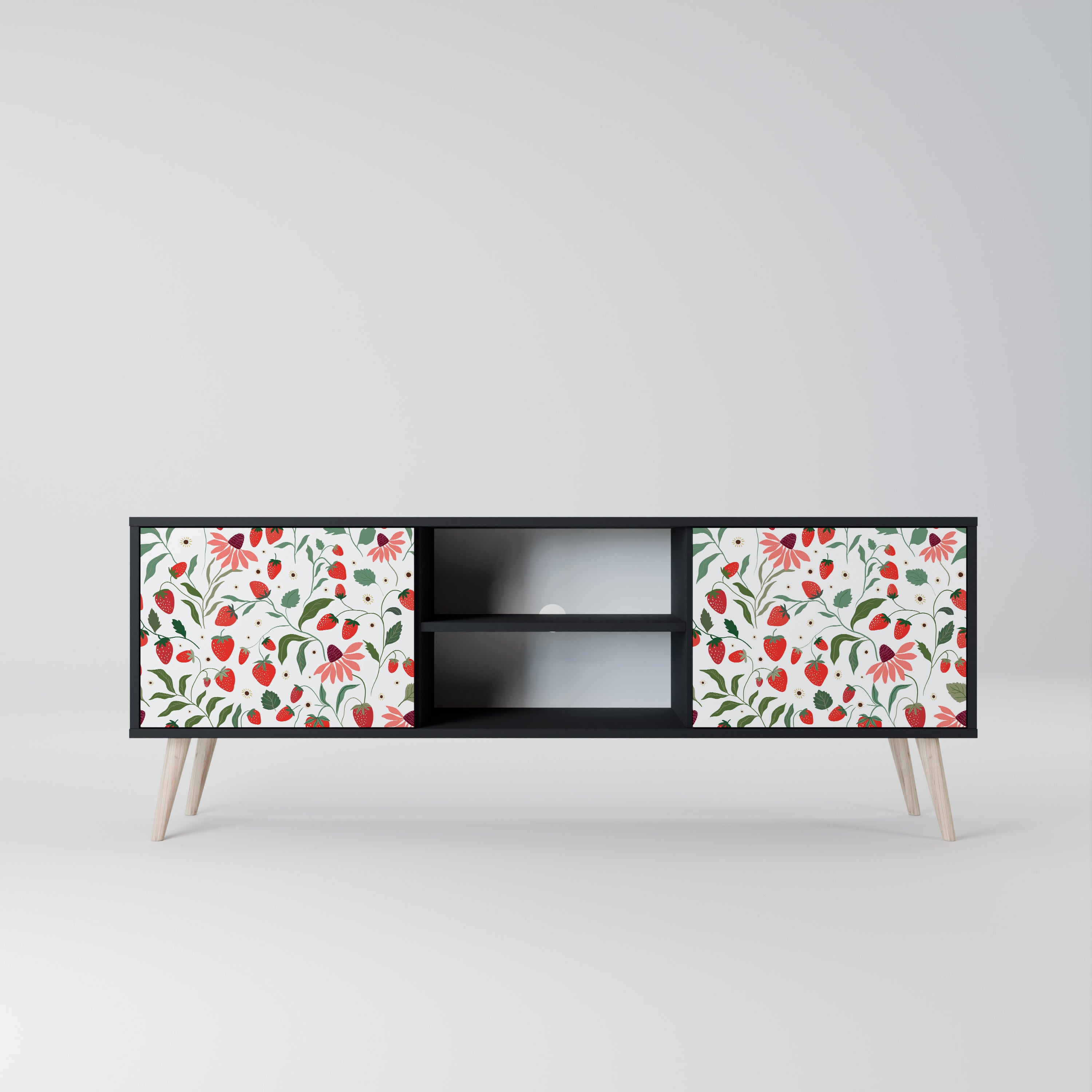 Mueble de TV de 2 puertas con acabado negro FLORES Y FRESAS
