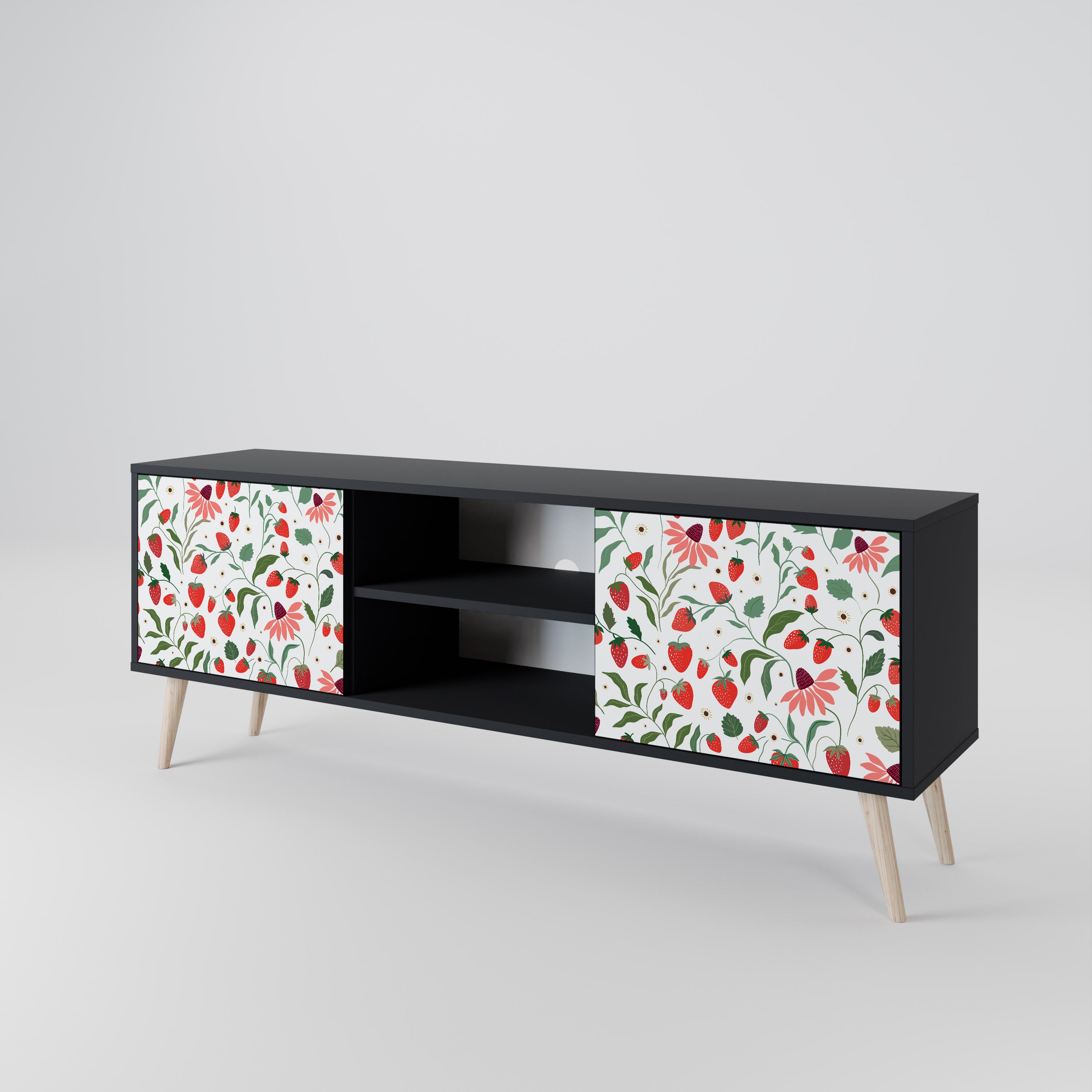 Mueble de TV de 2 puertas con acabado negro FLORES Y FRESAS