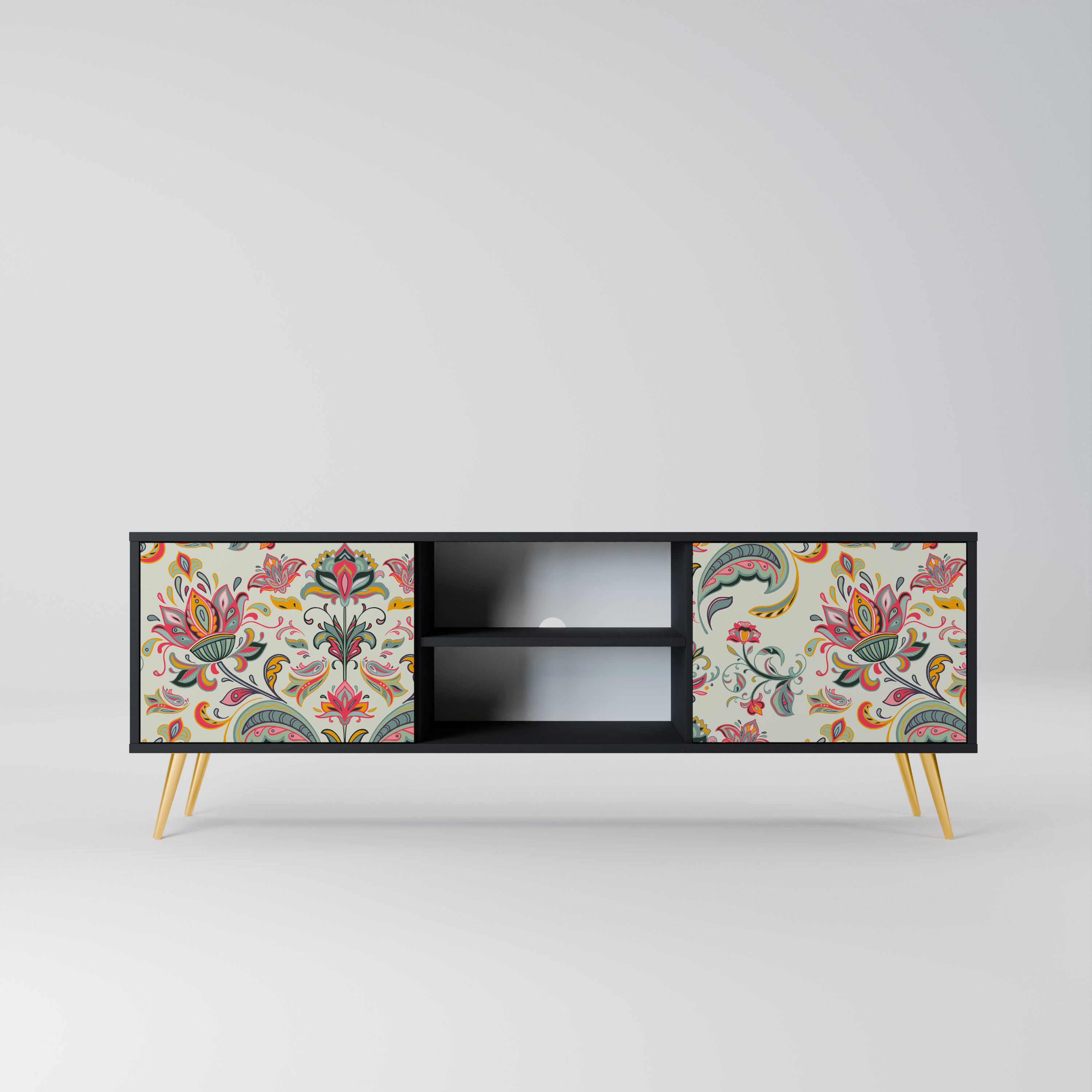 Mueble de TV de 2 puertas ORGANIC FOLKLORE en acabado negro