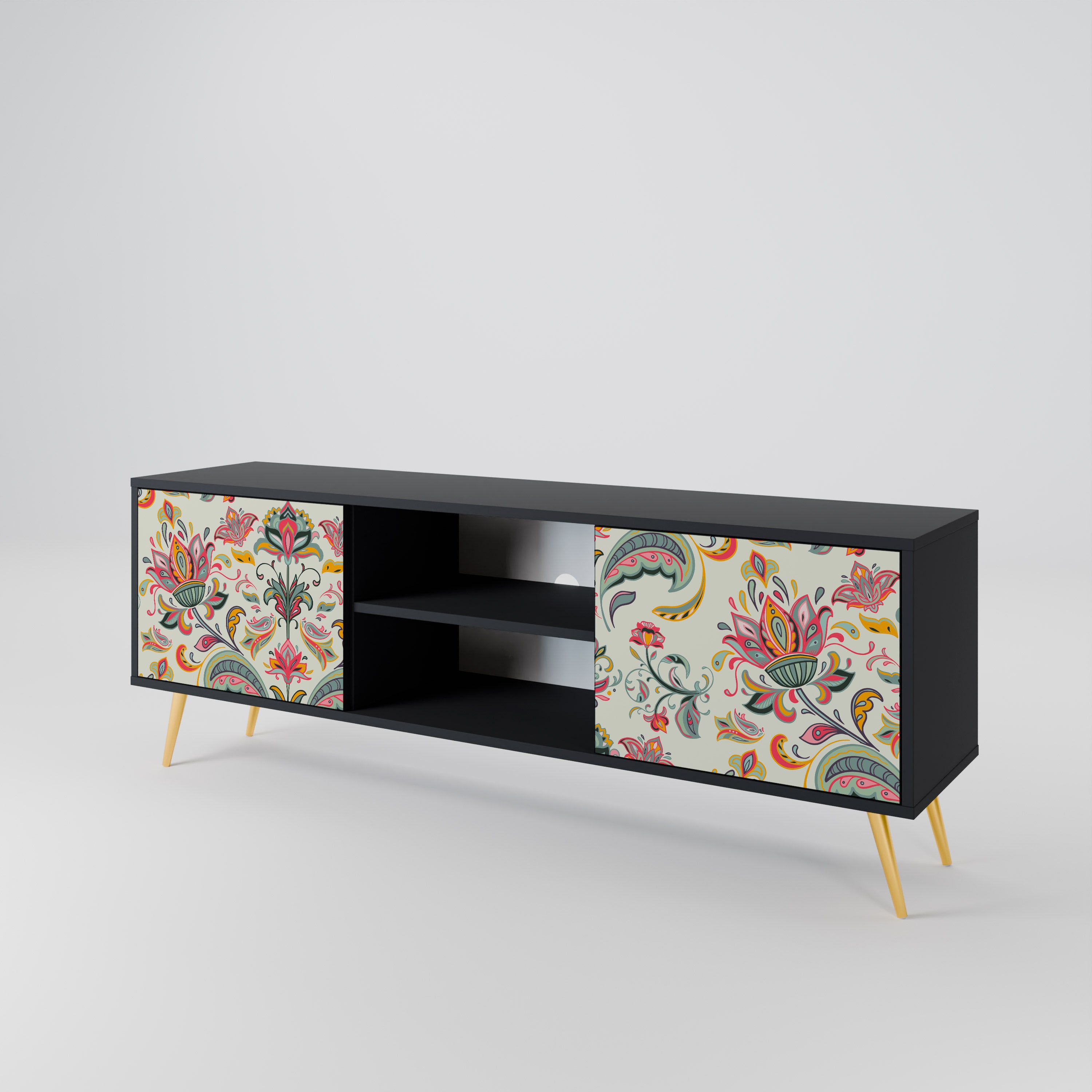 Mueble de TV de 2 puertas ORGANIC FOLKLORE en acabado negro