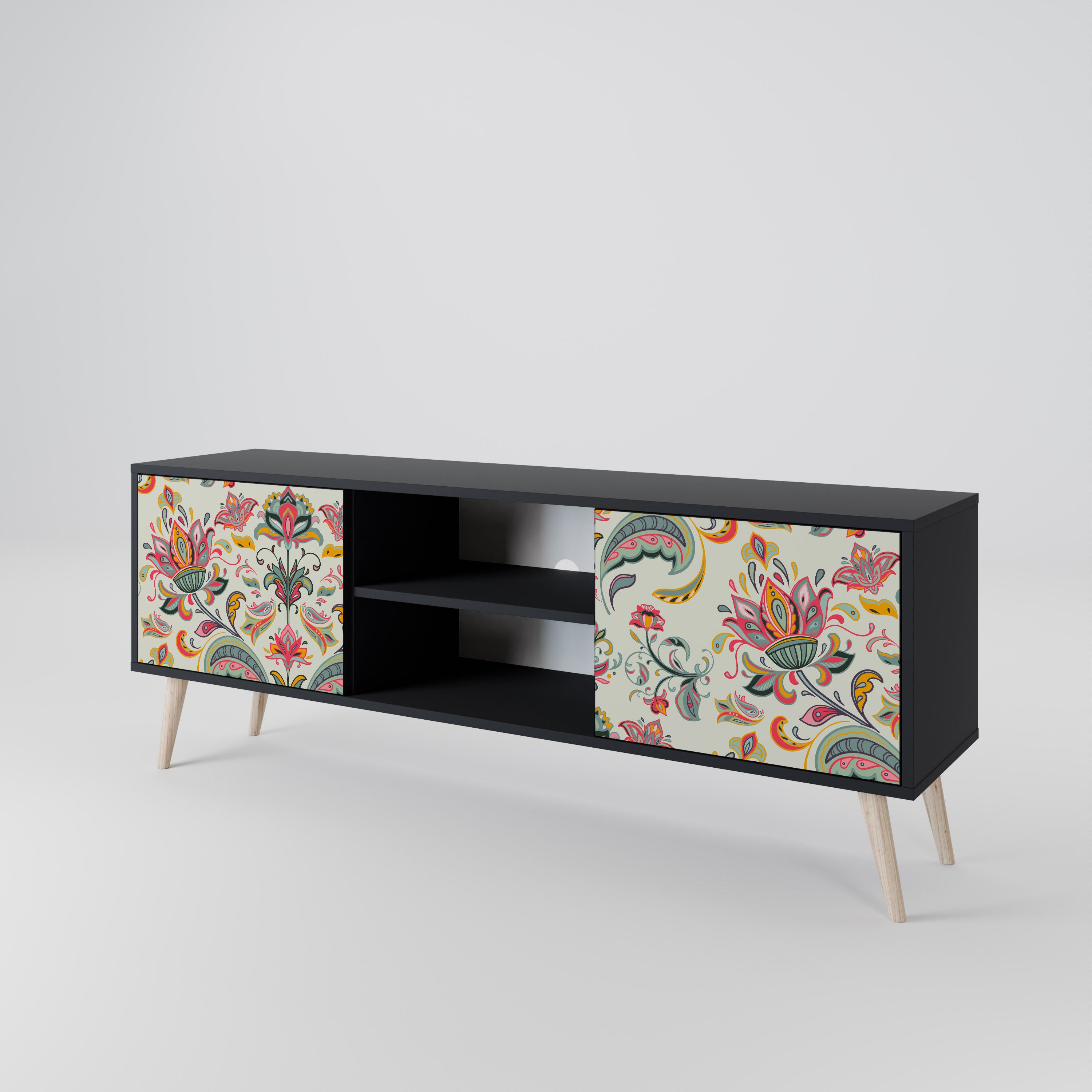 Mueble de TV de 2 puertas ORGANIC FOLKLORE en acabado negro
