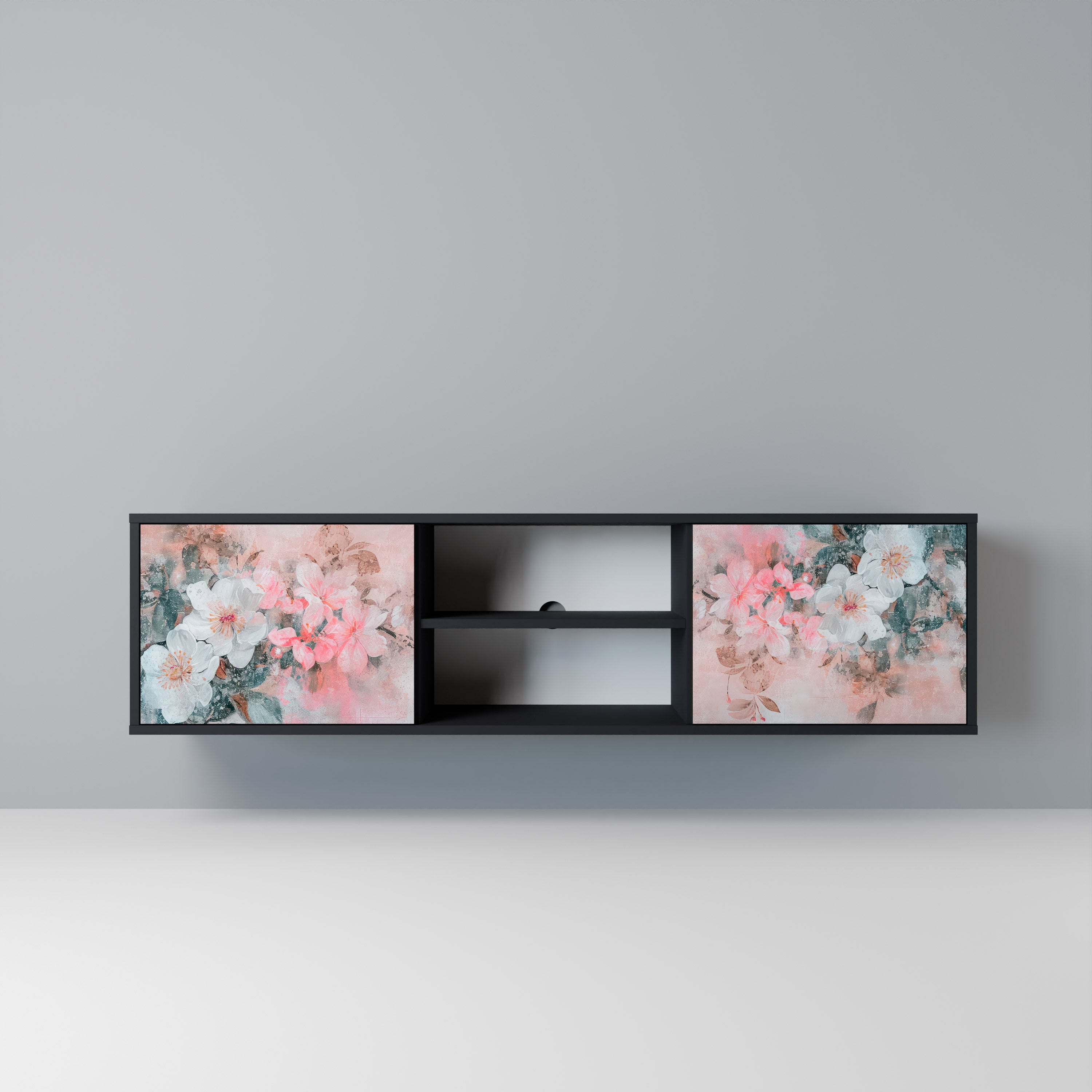 Mueble de TV de 2 puertas CHERRY BLOSSOM con acabado negro