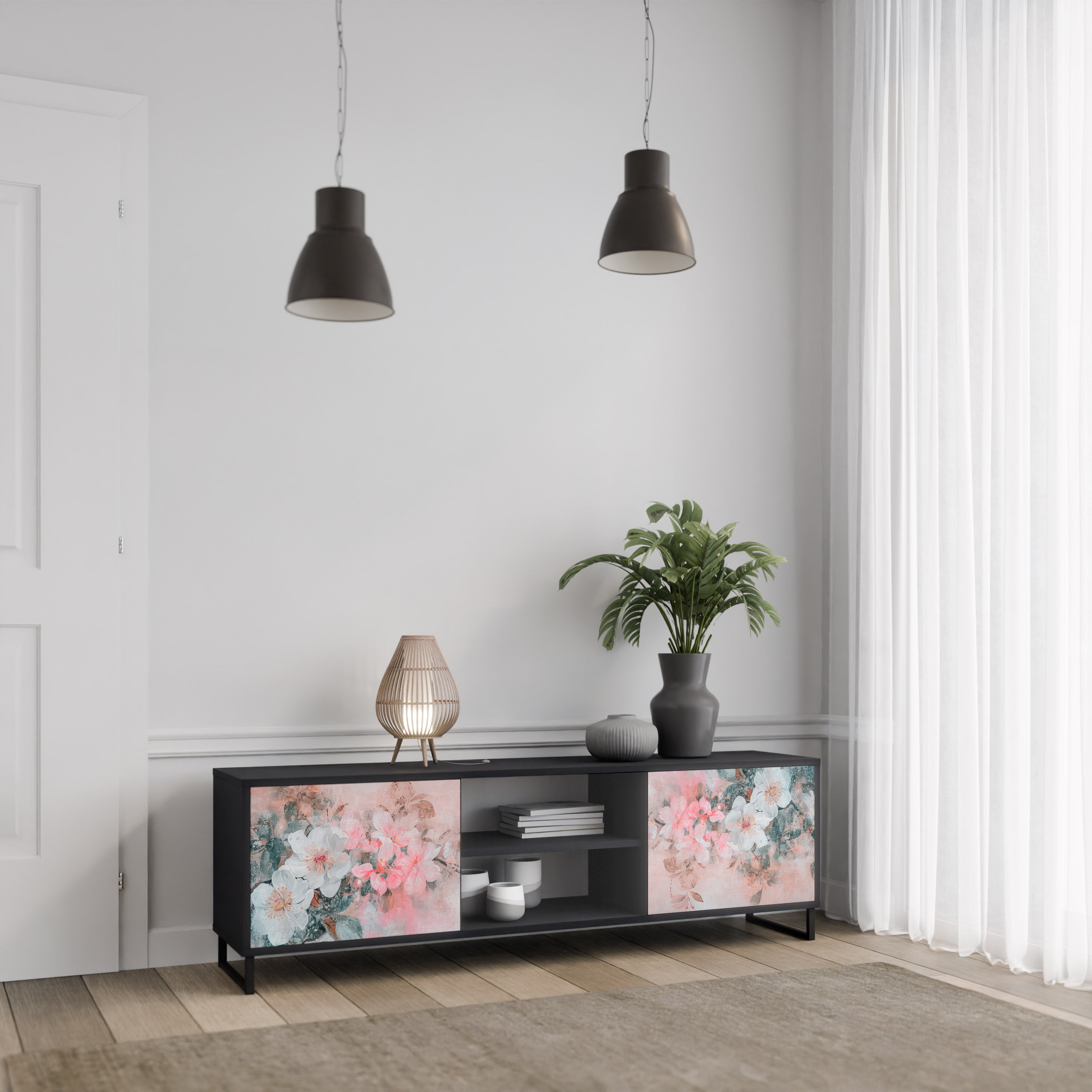 Mueble de TV de 2 puertas CHERRY BLOSSOM con acabado negro