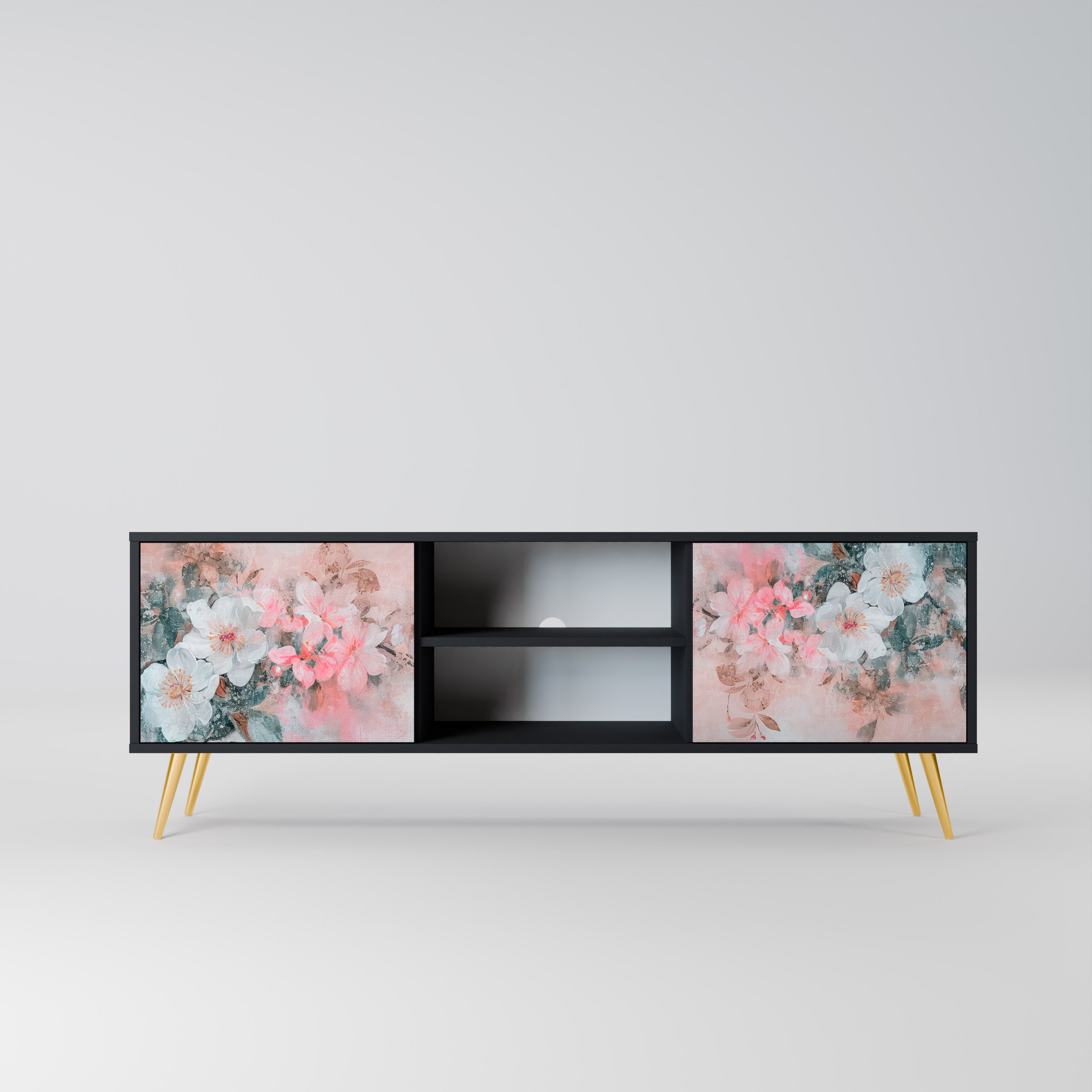 Mueble de TV de 2 puertas CHERRY BLOSSOM con acabado negro