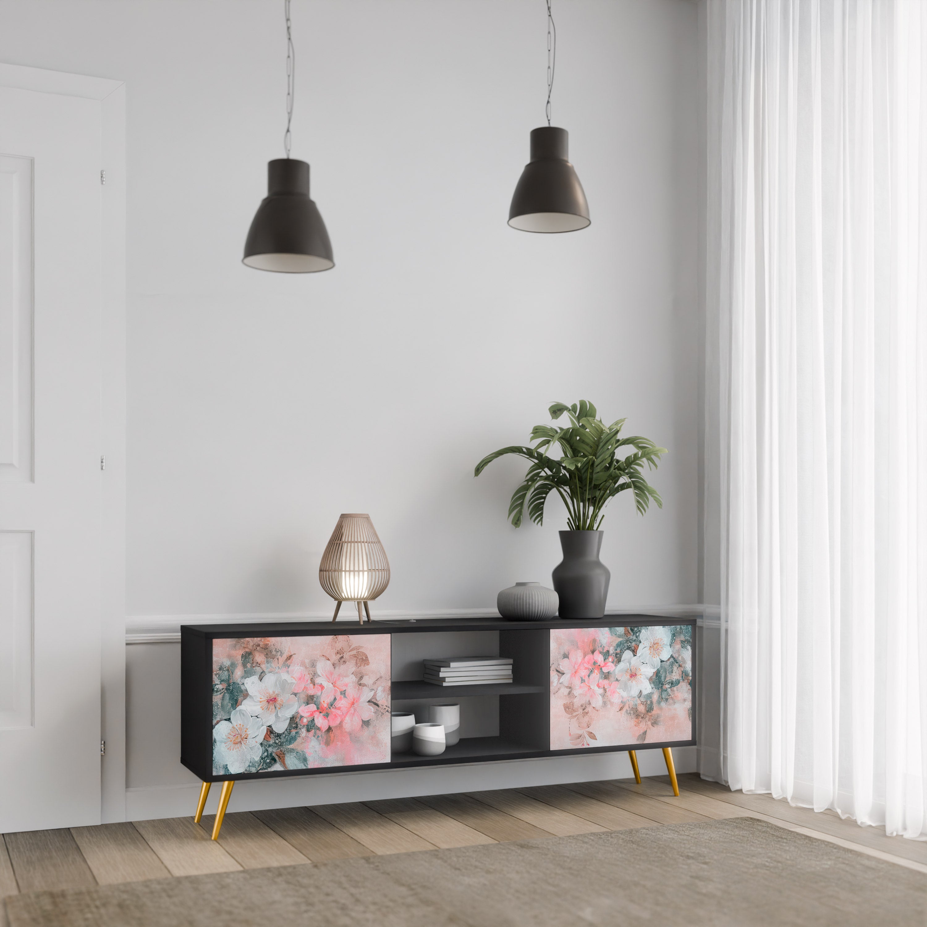 Mueble de TV de 2 puertas CHERRY BLOSSOM con acabado negro