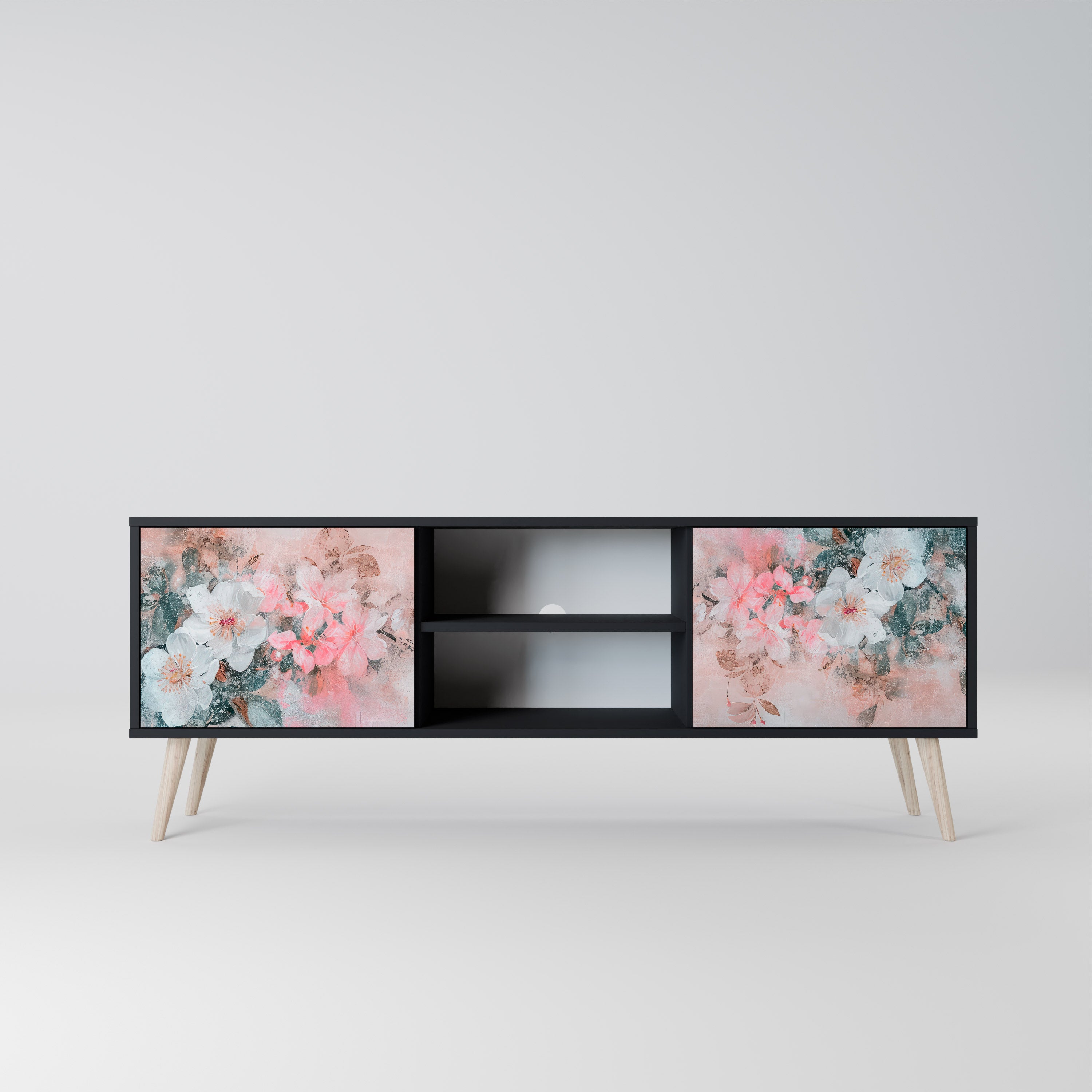 Mueble de TV de 2 puertas CHERRY BLOSSOM con acabado negro
