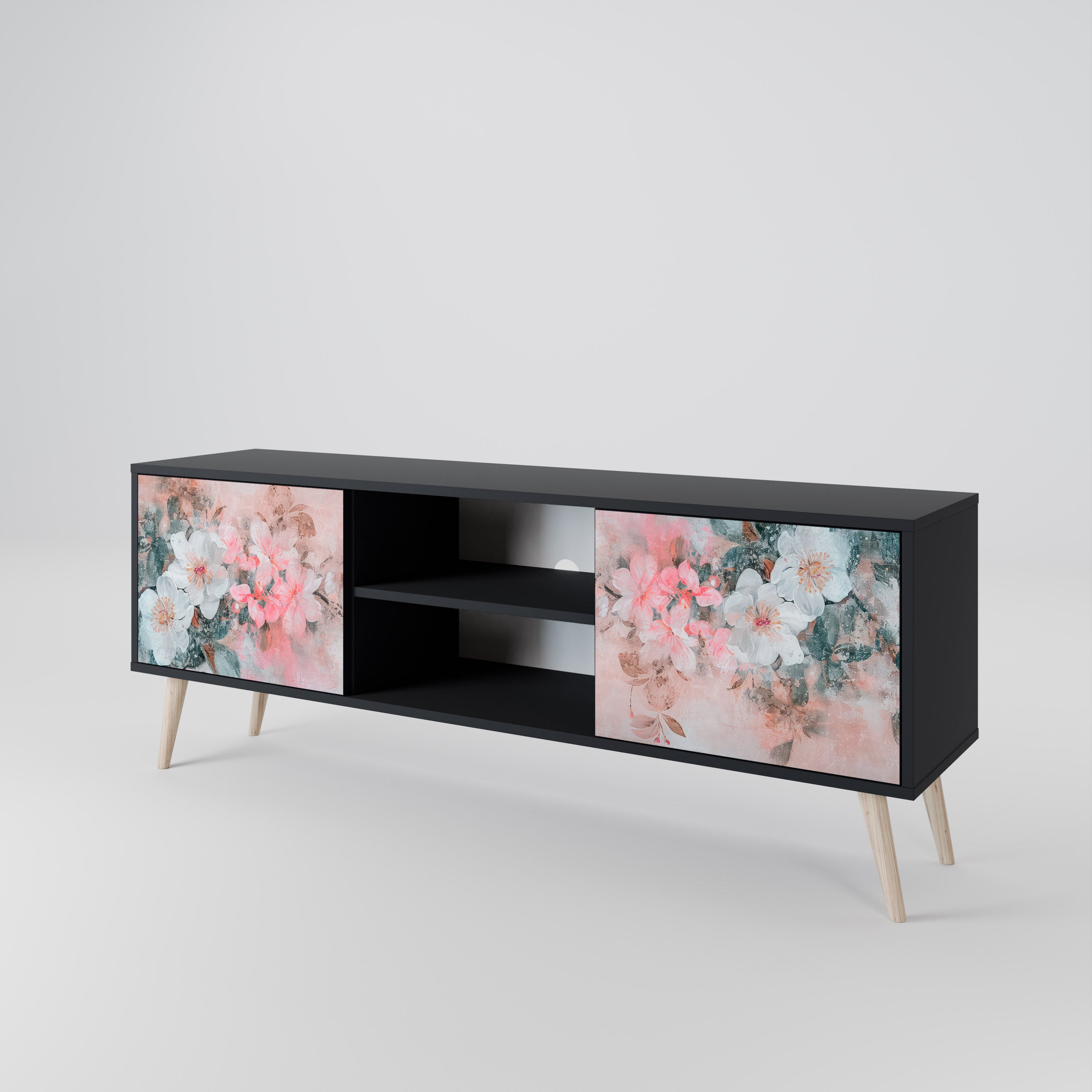 Mueble de TV de 2 puertas CHERRY BLOSSOM con acabado negro