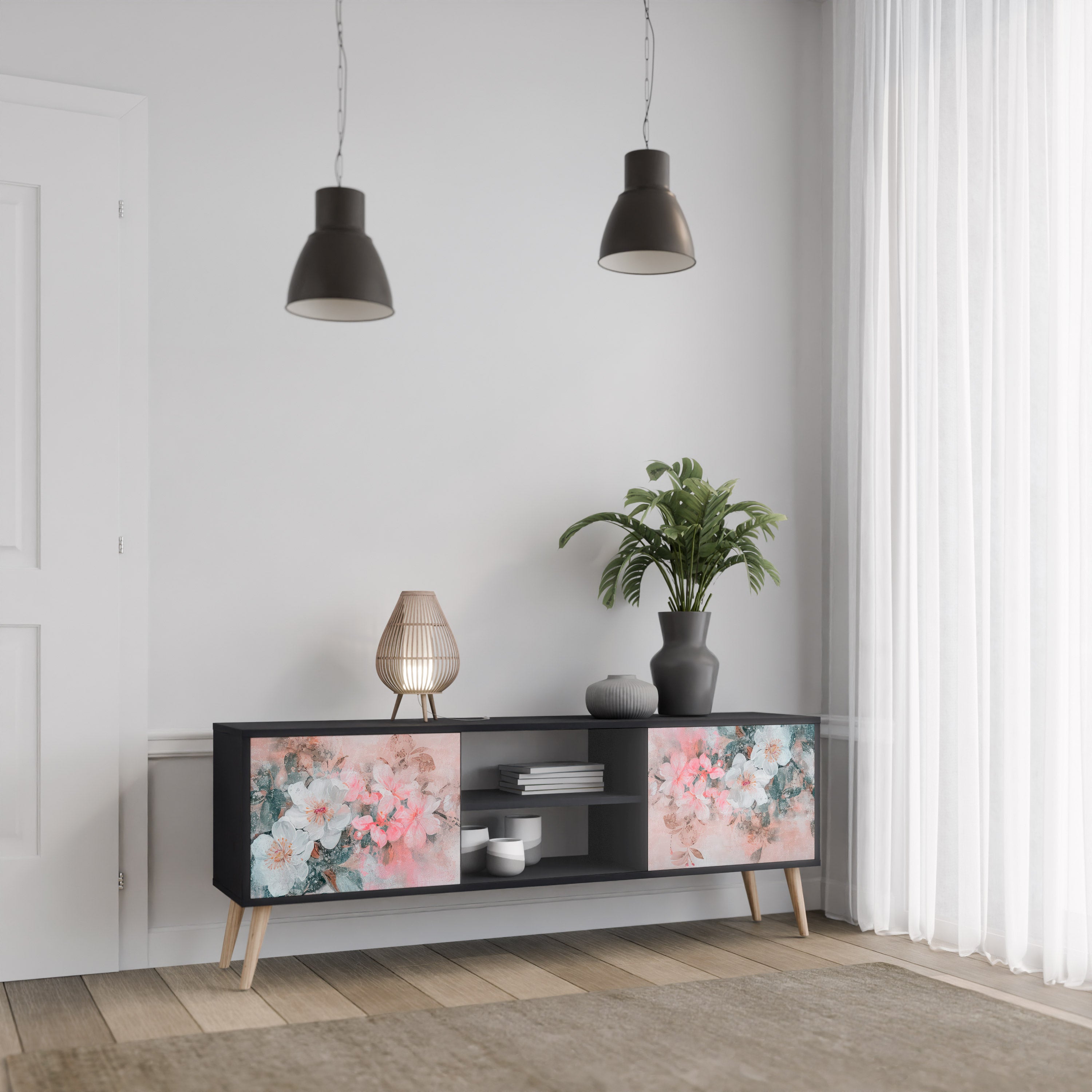 Mueble de TV de 2 puertas CHERRY BLOSSOM con acabado negro