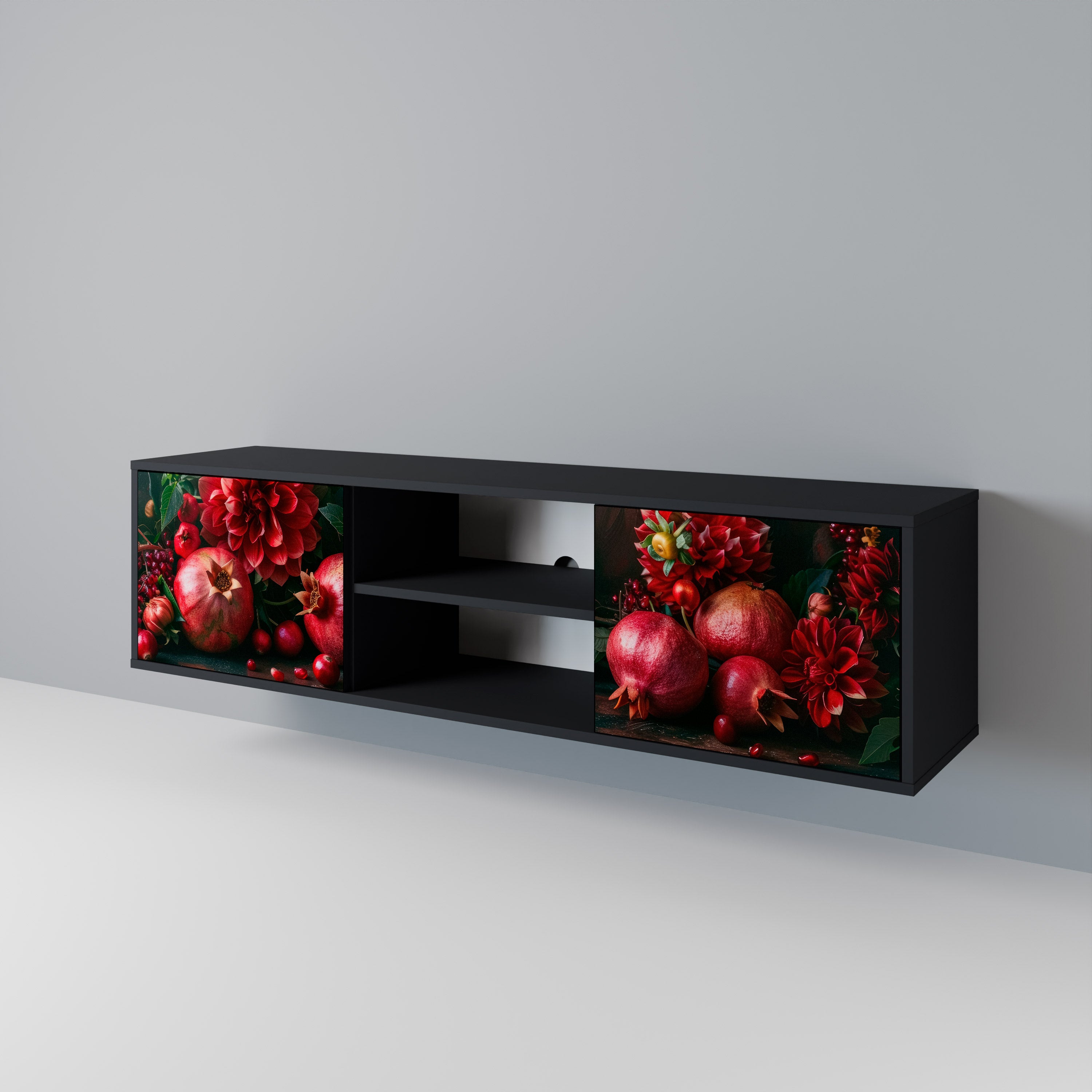 Mueble de TV de 2 puertas DAHLIAS AND POMEGRANATES en acabado negro