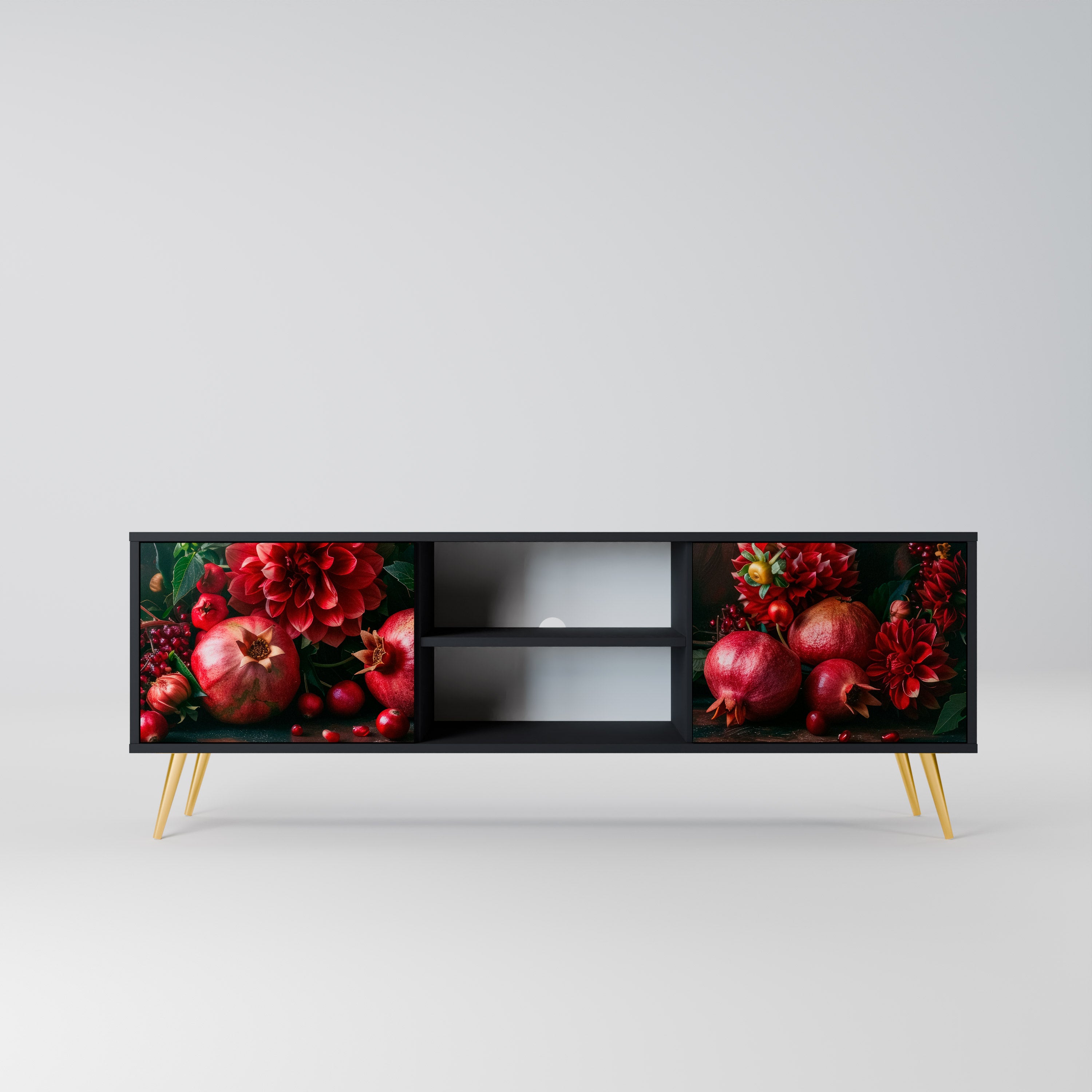 Mueble de TV de 2 puertas DAHLIAS AND POMEGRANATES en acabado negro