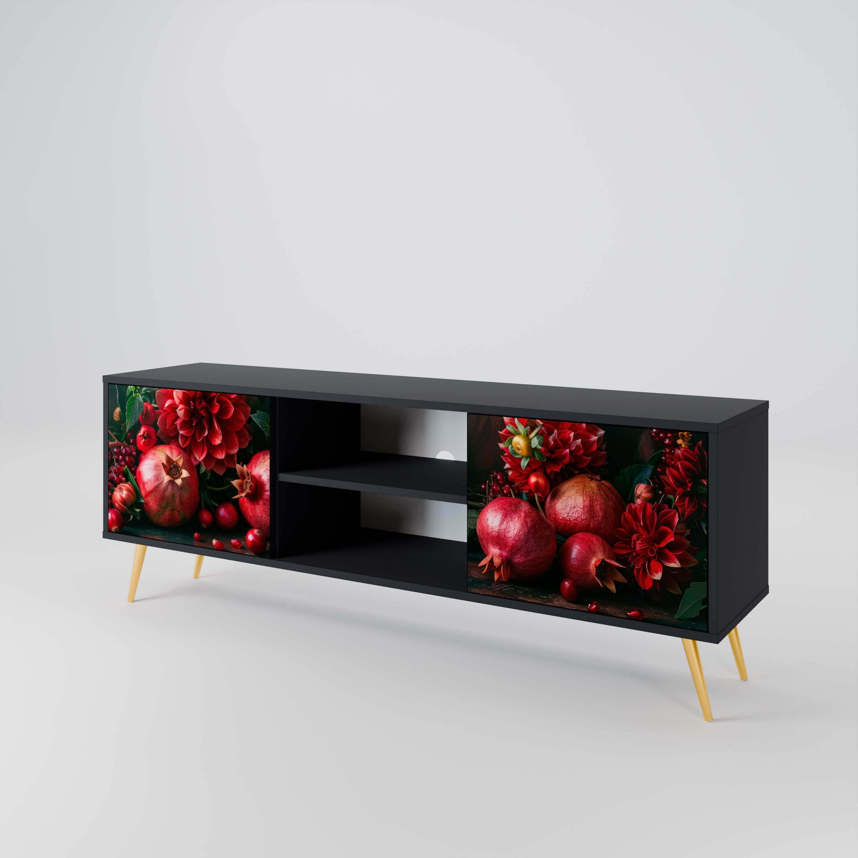 Mueble de TV de 2 puertas DAHLIAS AND POMEGRANATES en acabado negro