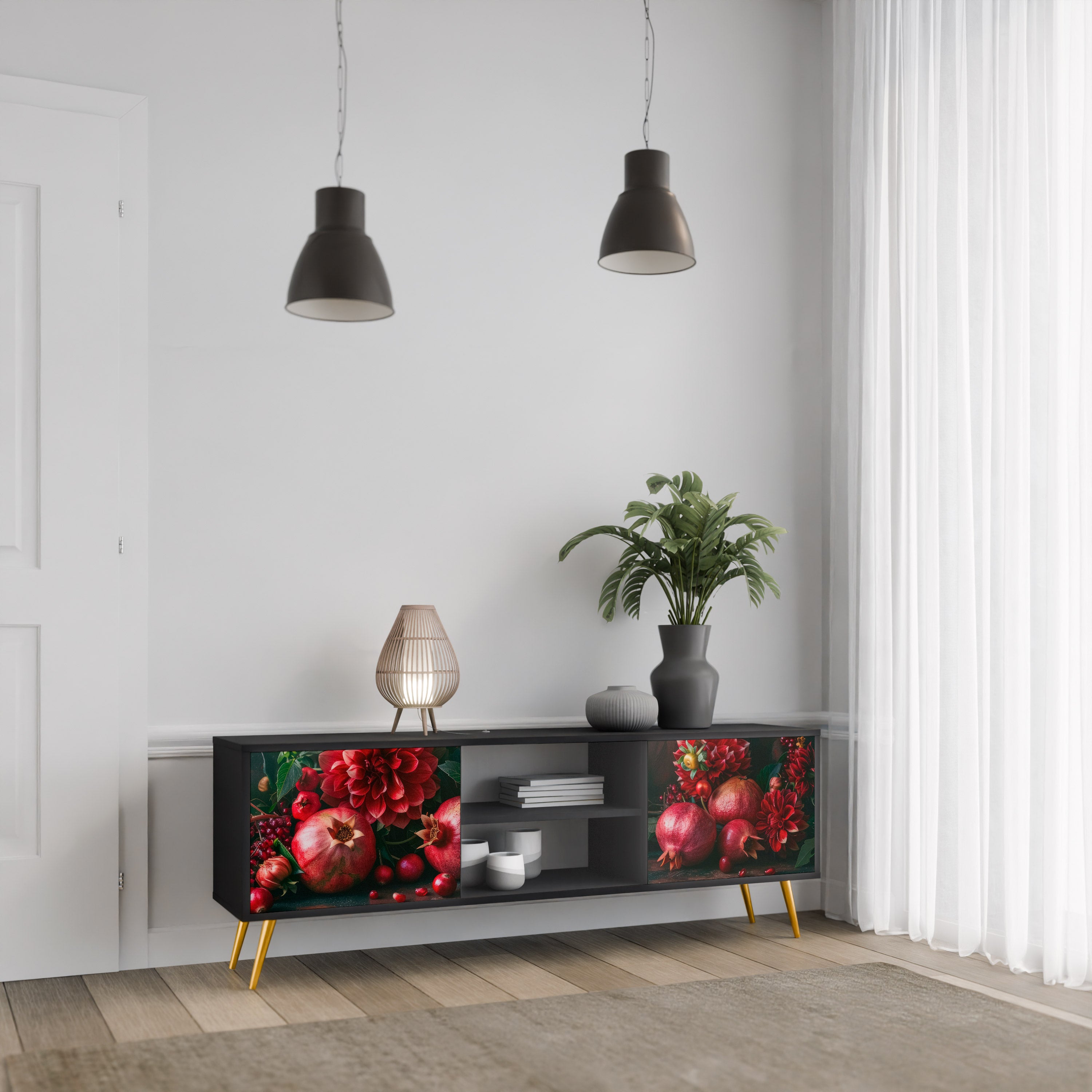 Mueble de TV de 2 puertas DAHLIAS AND POMEGRANATES en acabado negro