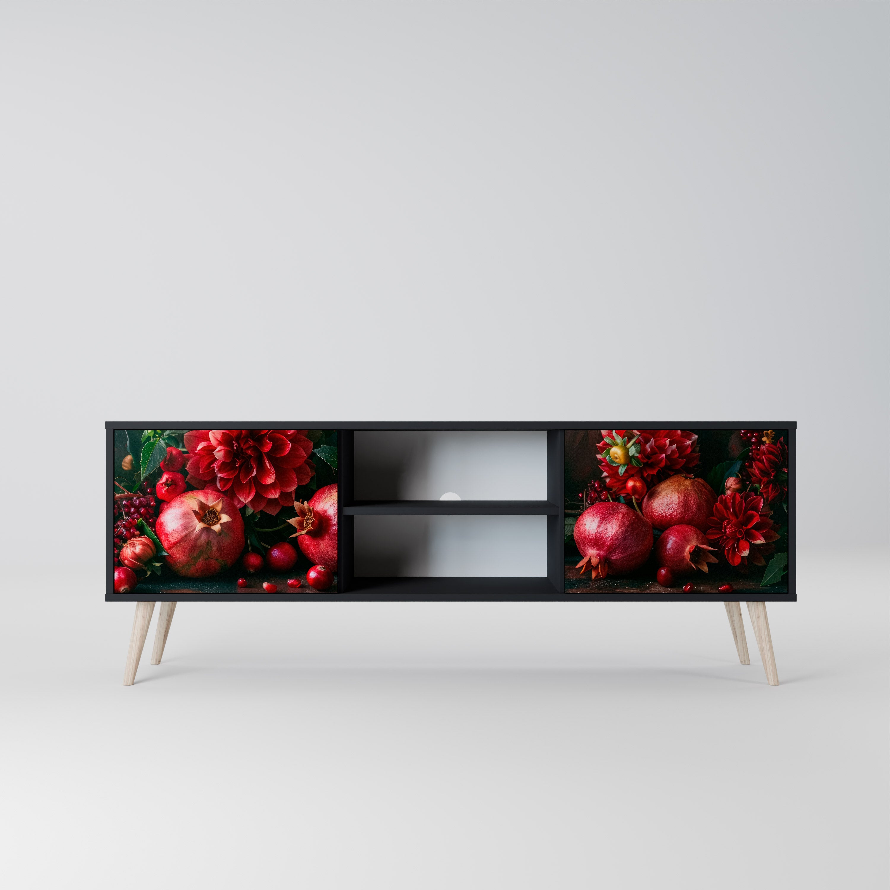 Mueble de TV de 2 puertas DAHLIAS AND POMEGRANATES en acabado negro