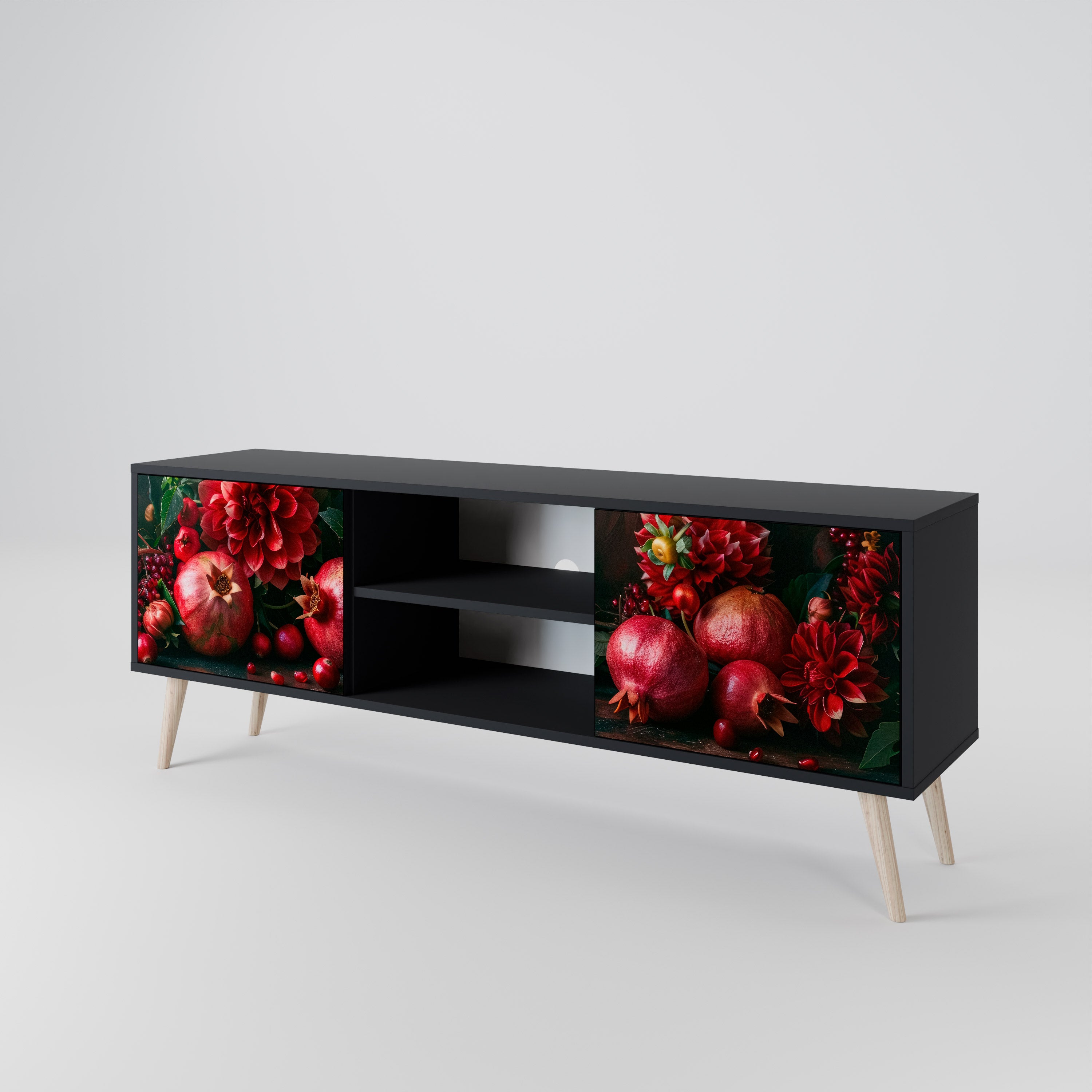 Mueble de TV de 2 puertas DAHLIAS AND POMEGRANATES en acabado negro