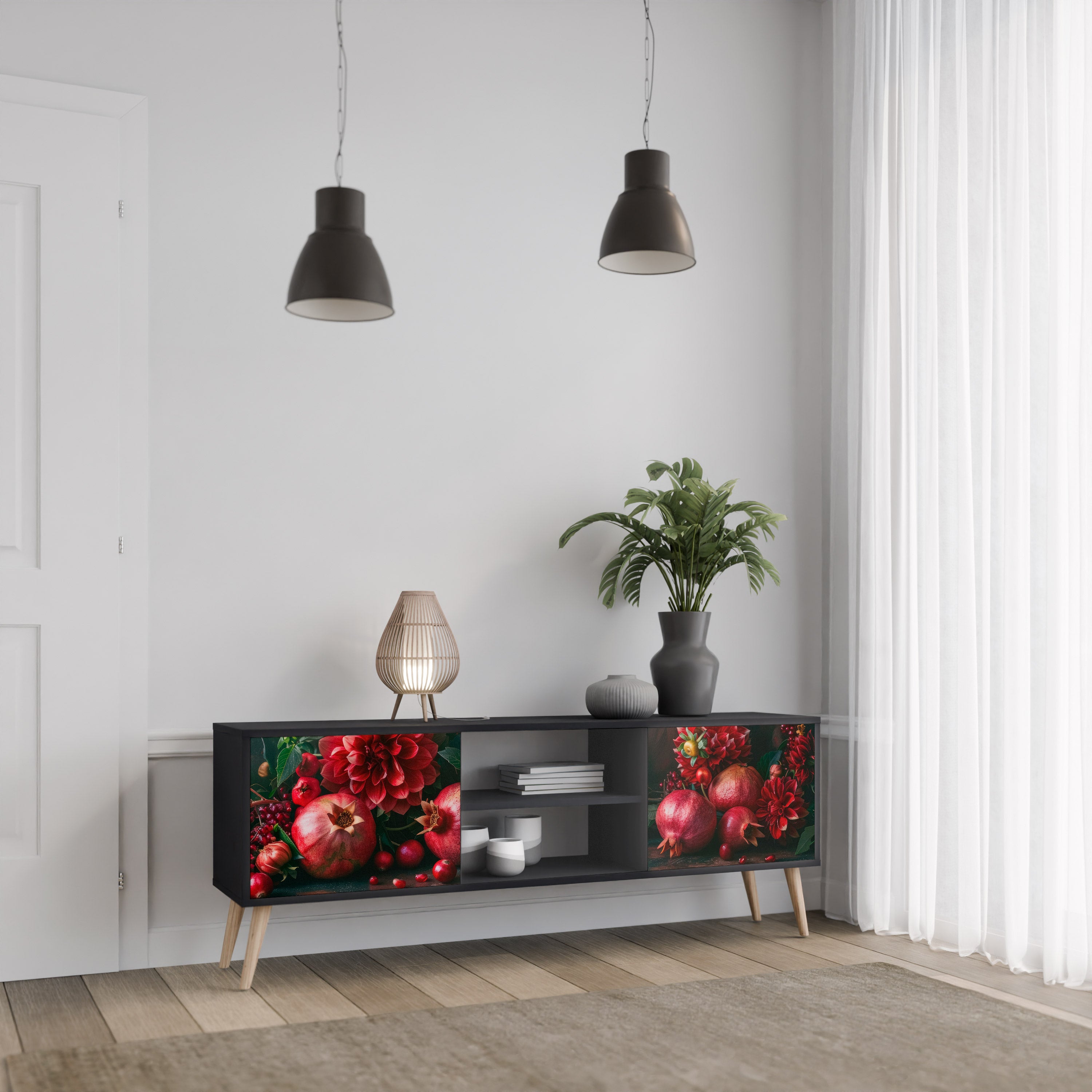 Mueble de TV de 2 puertas DAHLIAS AND POMEGRANATES en acabado negro